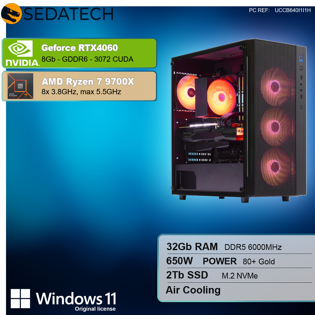 Un computer con componenti, con dettagli sulla scheda grafica e sul processore.