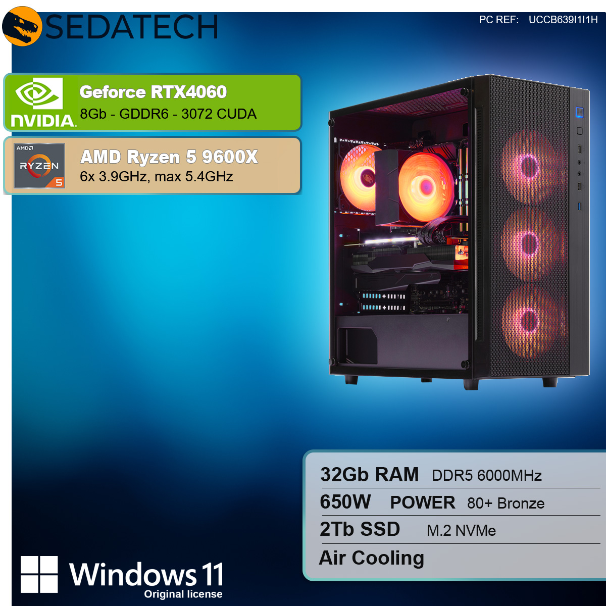 Gaming-PC-Komponenten: NVIDIA GeForce RTX 4060, AMD Ryzen 5 9600X, 32 GB RAM, 2 TB SSD, Luftkühlung.