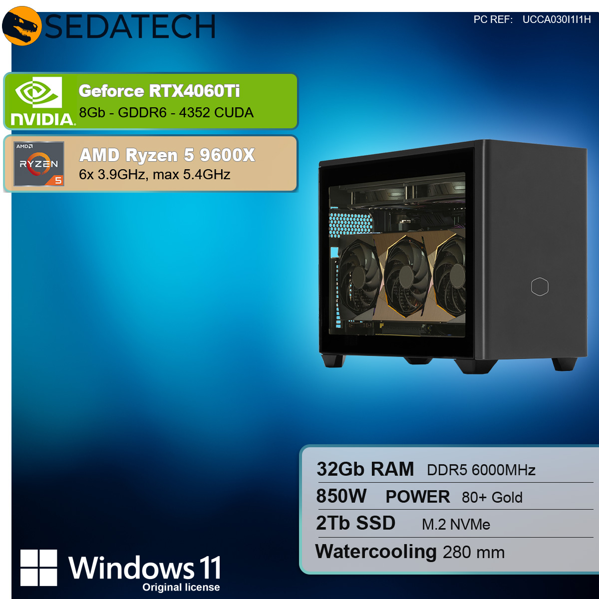 Ein Desktop-Computergehäuse mit Komponenten: Nvidia GeForce RTX 4060Ti, AMD Ryzen 5 9600X und Spezifikationen.