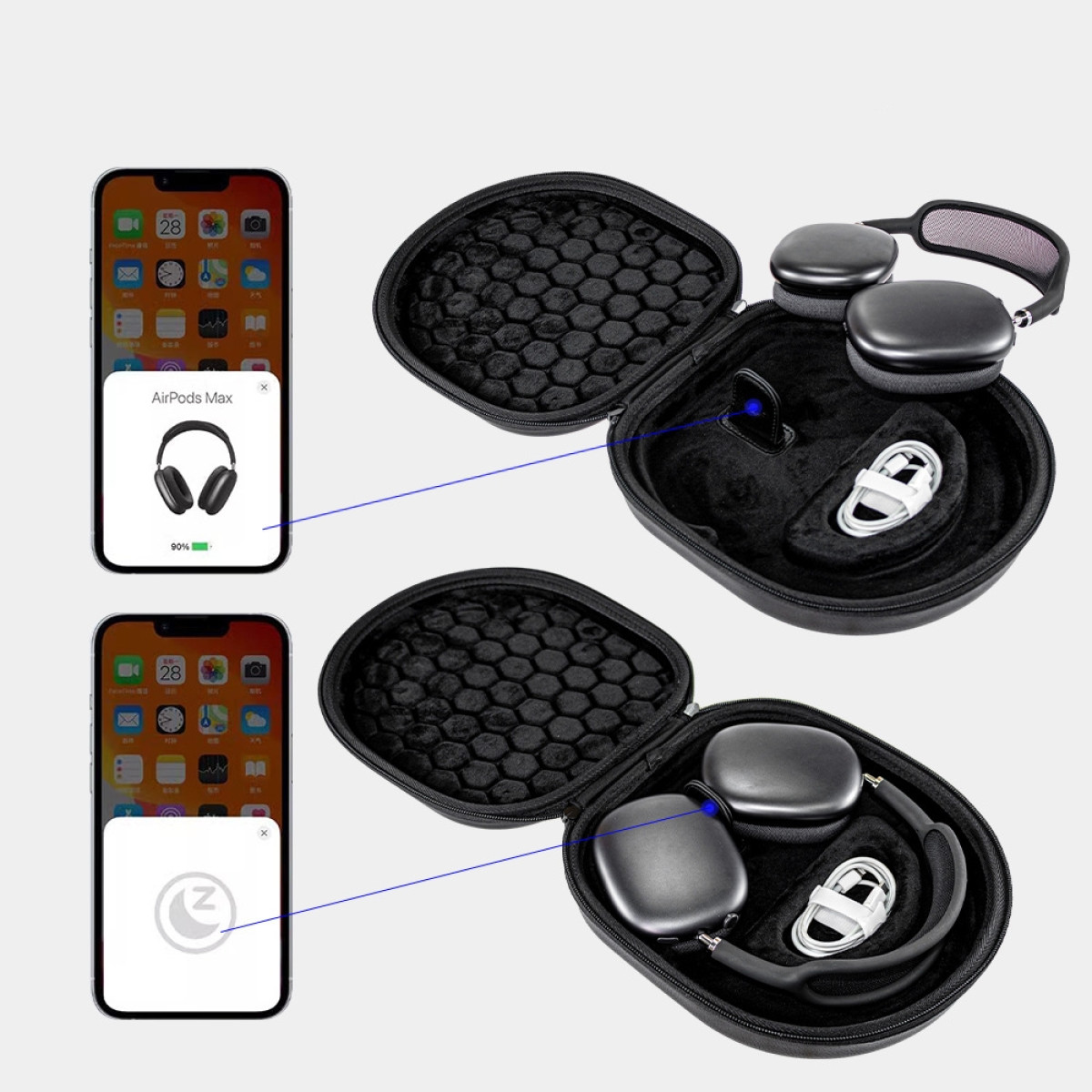 AirPods Max im Etui, mit Telefon verbunden. Ein anderes Telefon zeigt Verbindungsfehler an. Schwarze Kopfhörer und Etui.