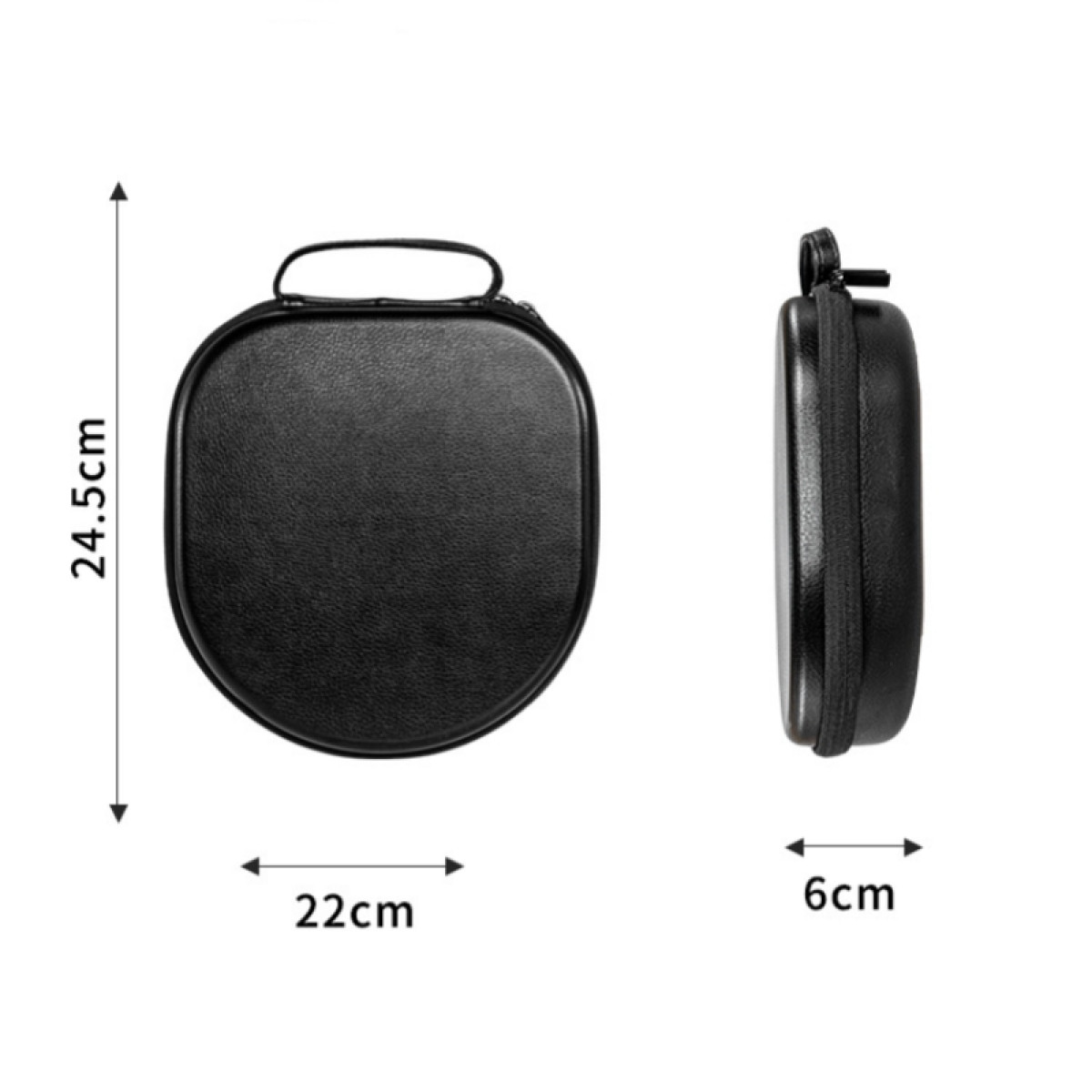 Eine schwarze Kopfhörerhülle. Sie ist oval geformt und hat einen Griff oben. Abmessungen werden angezeigt.