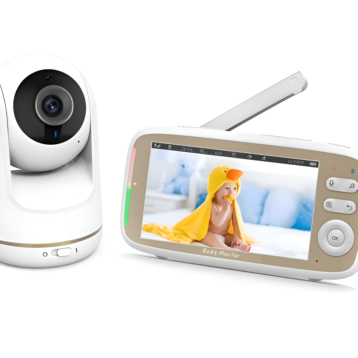 Babyphone mit Kamera und Bildschirm, der ein Baby zeigt.