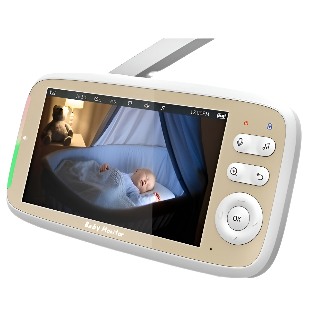 Babyfon-Bildschirm, der ein schlafendes Baby in einem Kinderbett bei Nacht zeigt.