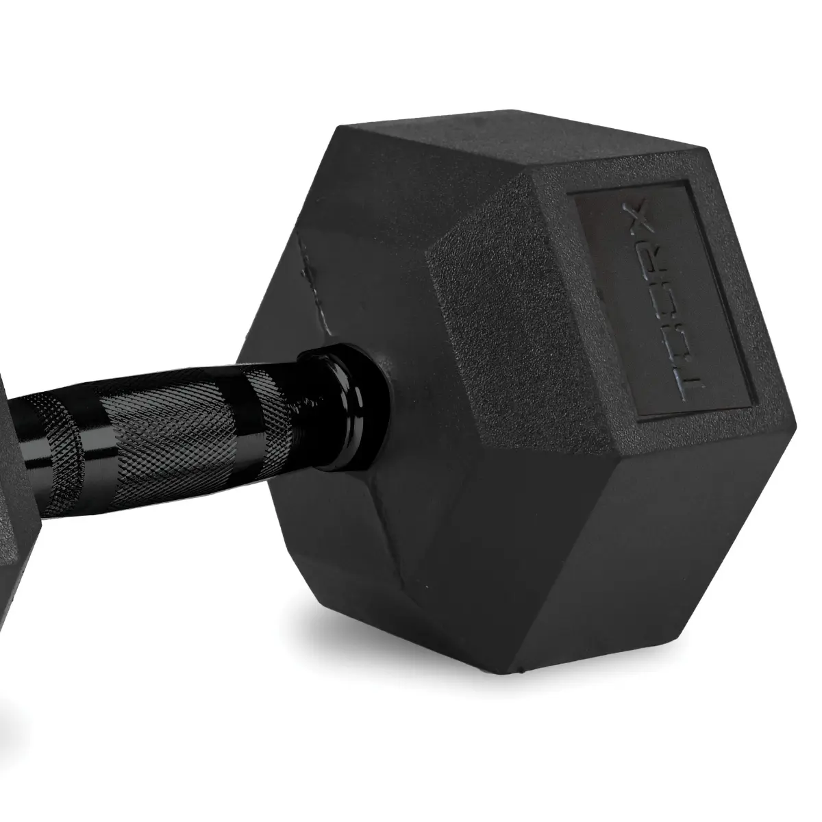Black dumbbell. Hexagonal shape, TOORX text on the side. White background.