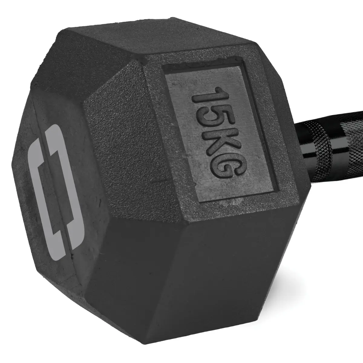 Black dumbbell with a 15KG label. It has a hexagonal shape and a textured handle for grip.