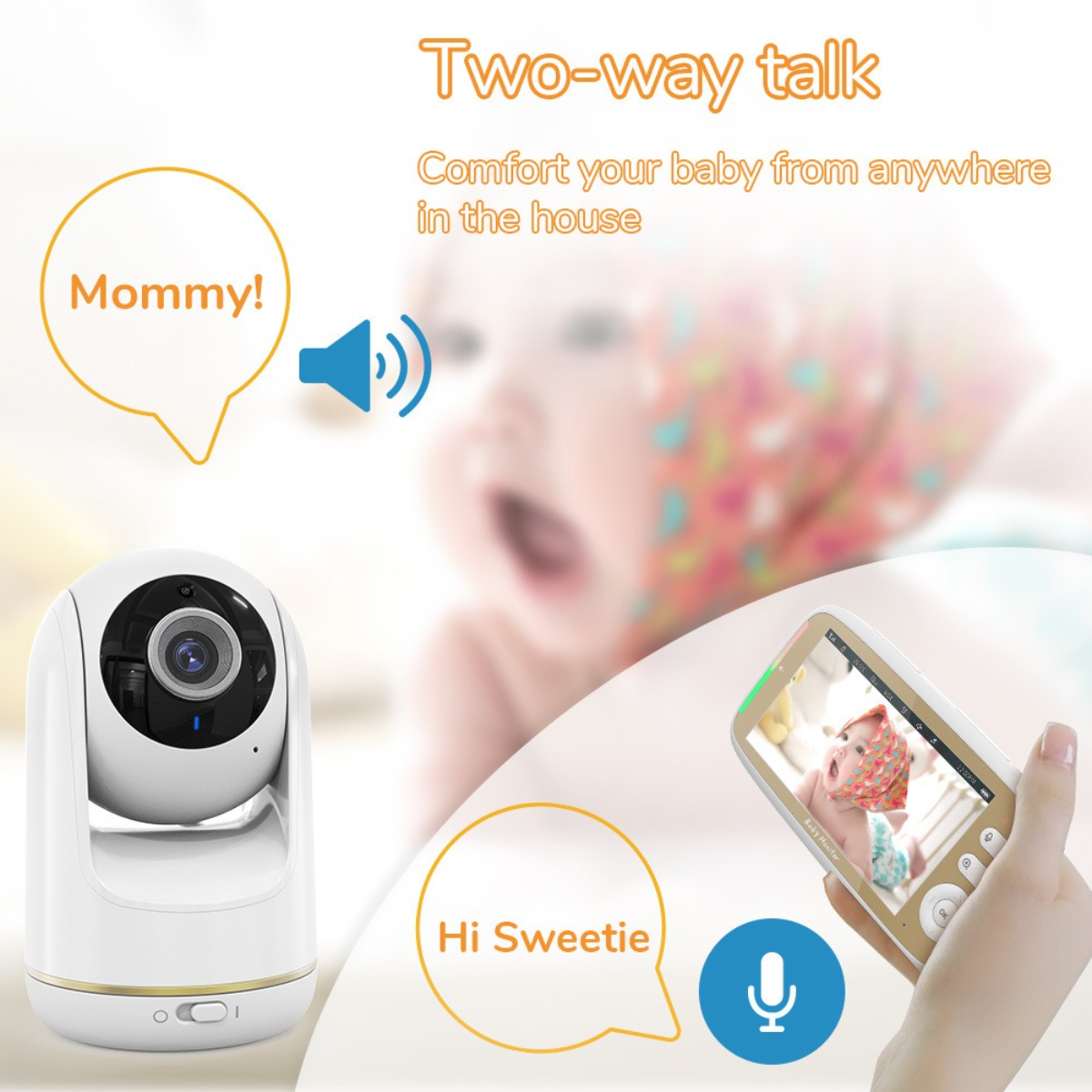 Ein Babyphone-Setup mit Baby und Eltern, das Zwei-Wege-Kommunikation und visuelle Anzeige zeigt.