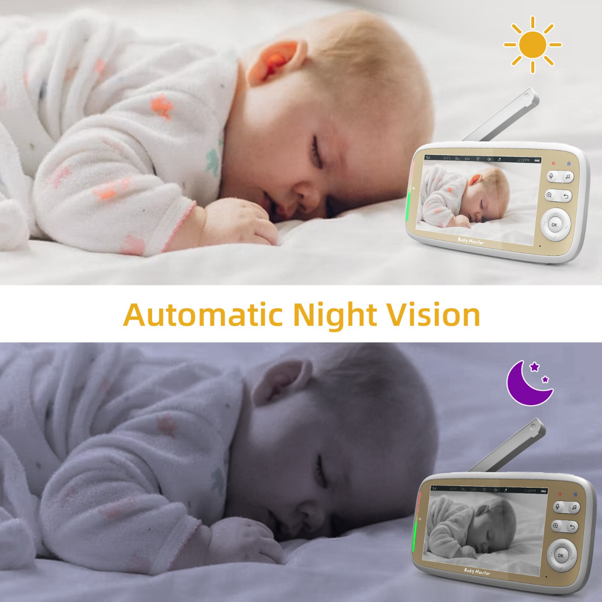 Baby schläft, Monitor zeigt Baby im Tag- und Nachtmodus. Sonnen- und Mondsymbole. Text: "Automatic Night Vision"