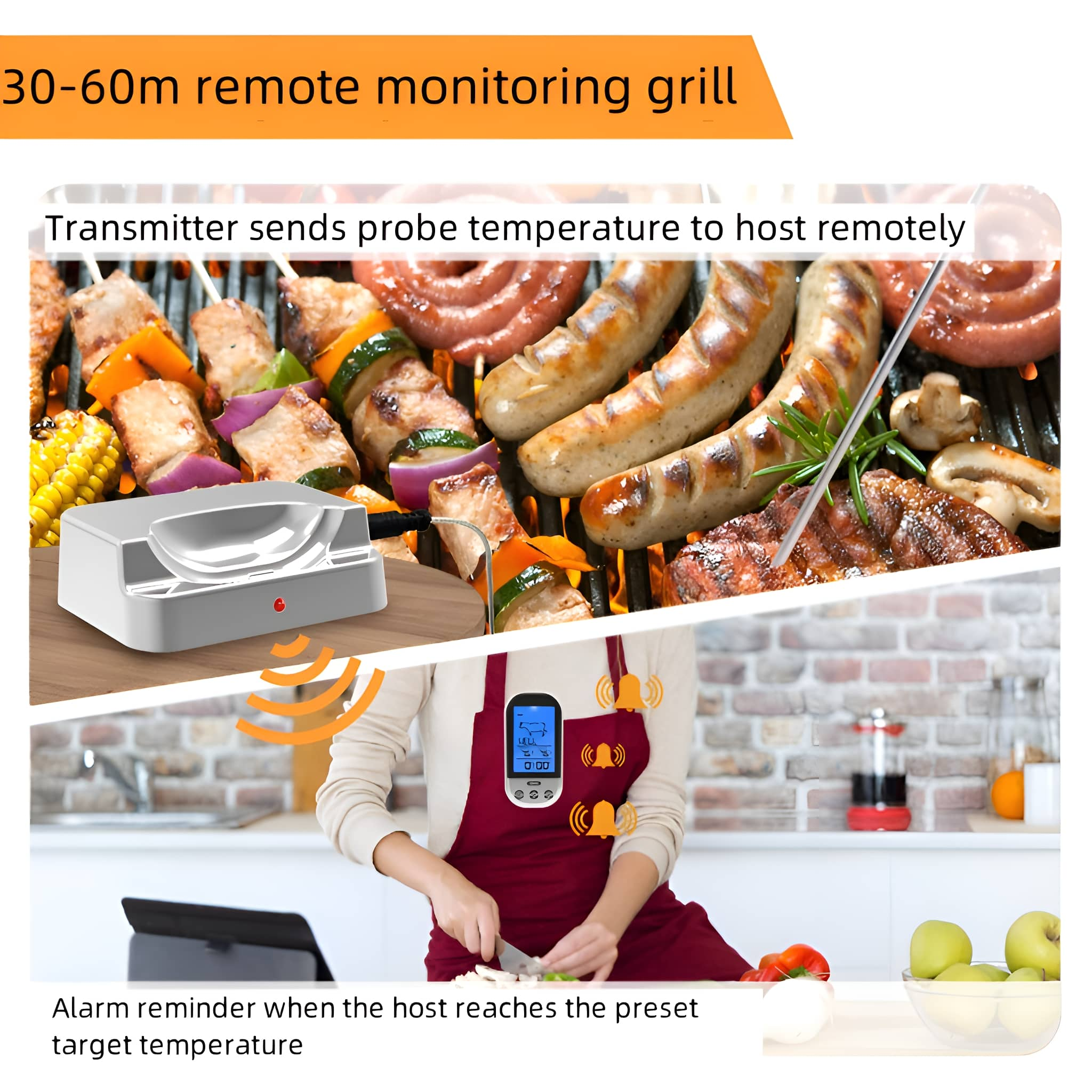 Grill-Setup mit Fleisch, Thermometer und Fernbedienung. Text: "30-60m remote monitoring grill". Frau im Hintergrund