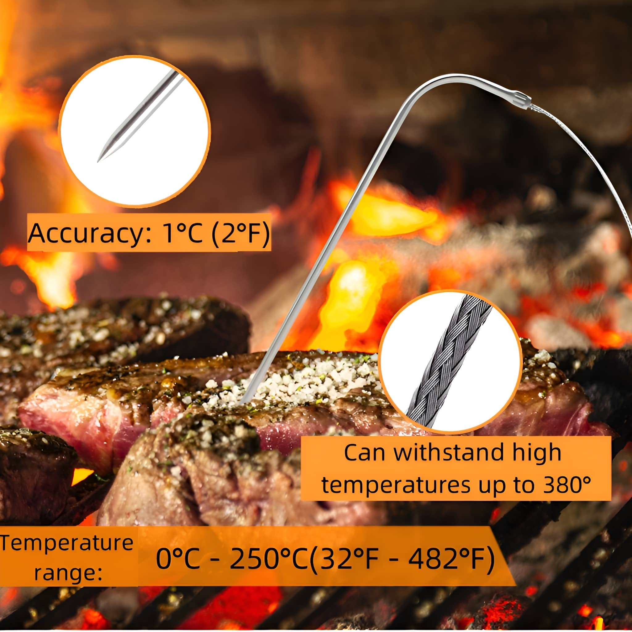Fleisch auf einem Grill mit eingelegtem Thermometer. Text über Temperaturbereich und Genauigkeit.