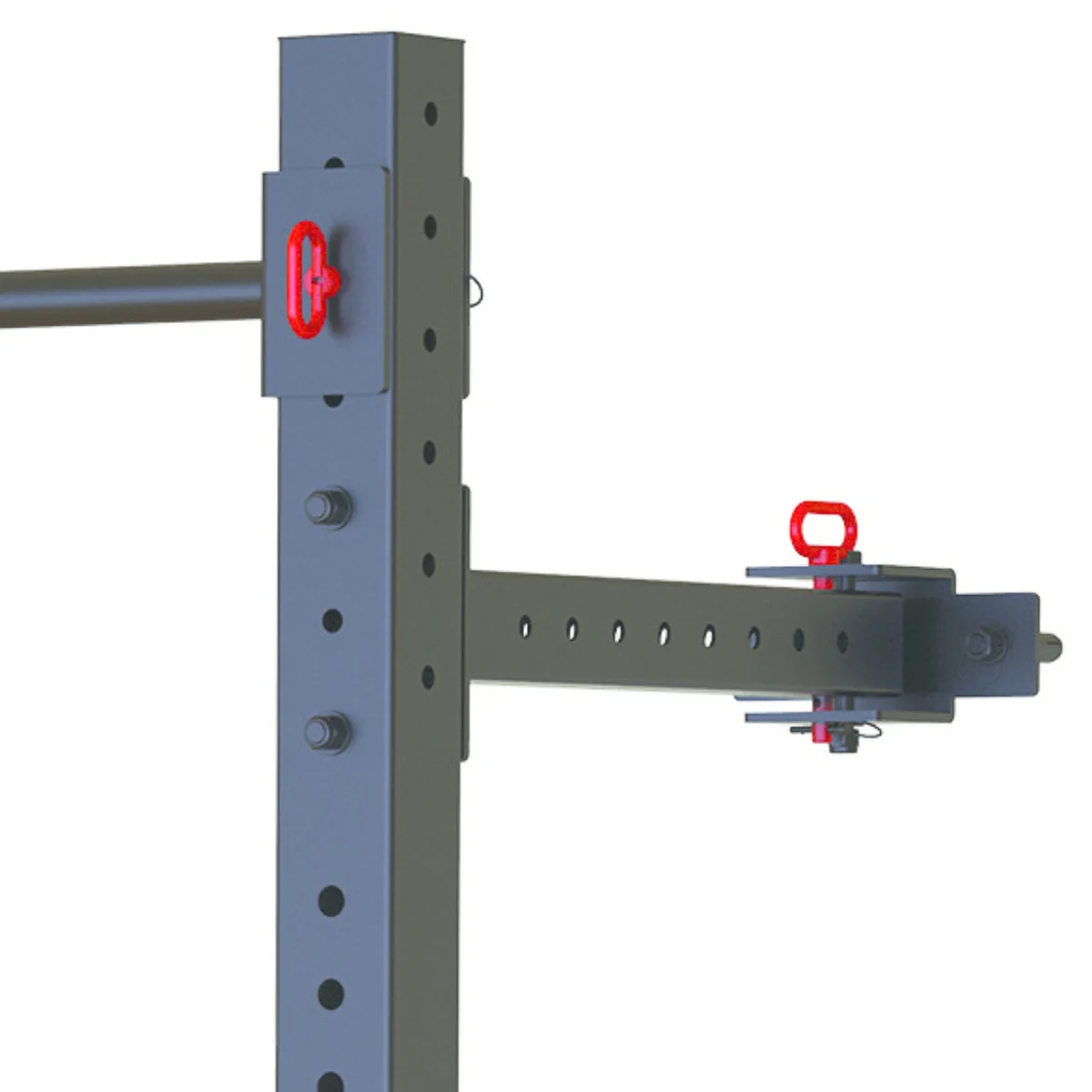 Gym equipment, with a red hook. Gray metal structure with holes and bolts. White background.