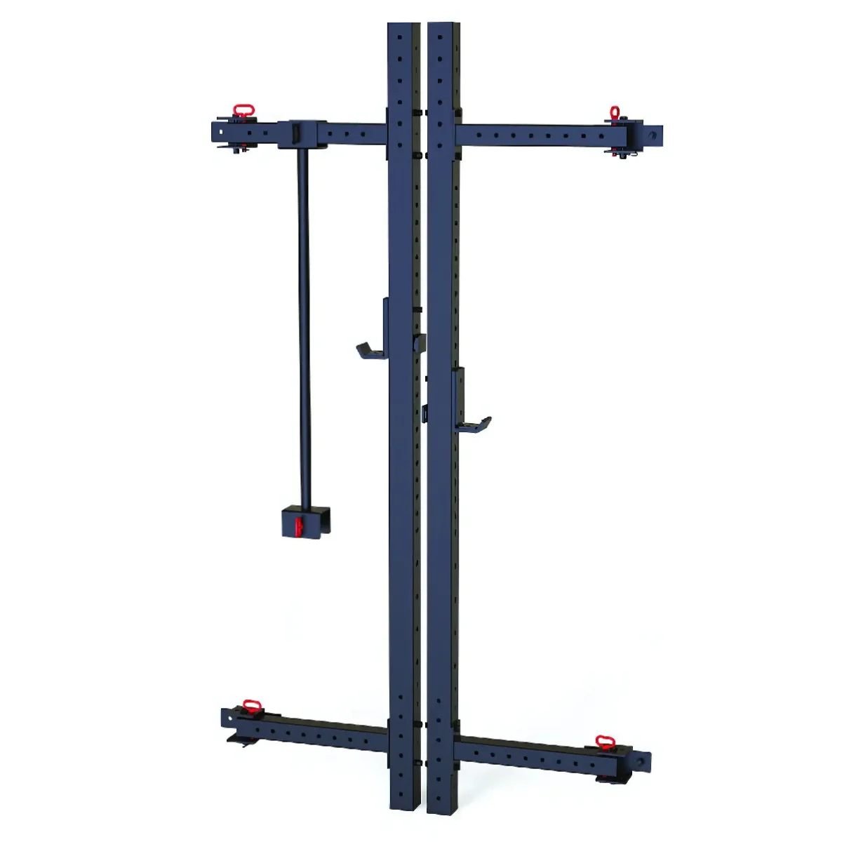 Blue metal gym rack with adjustable arms and hooks.