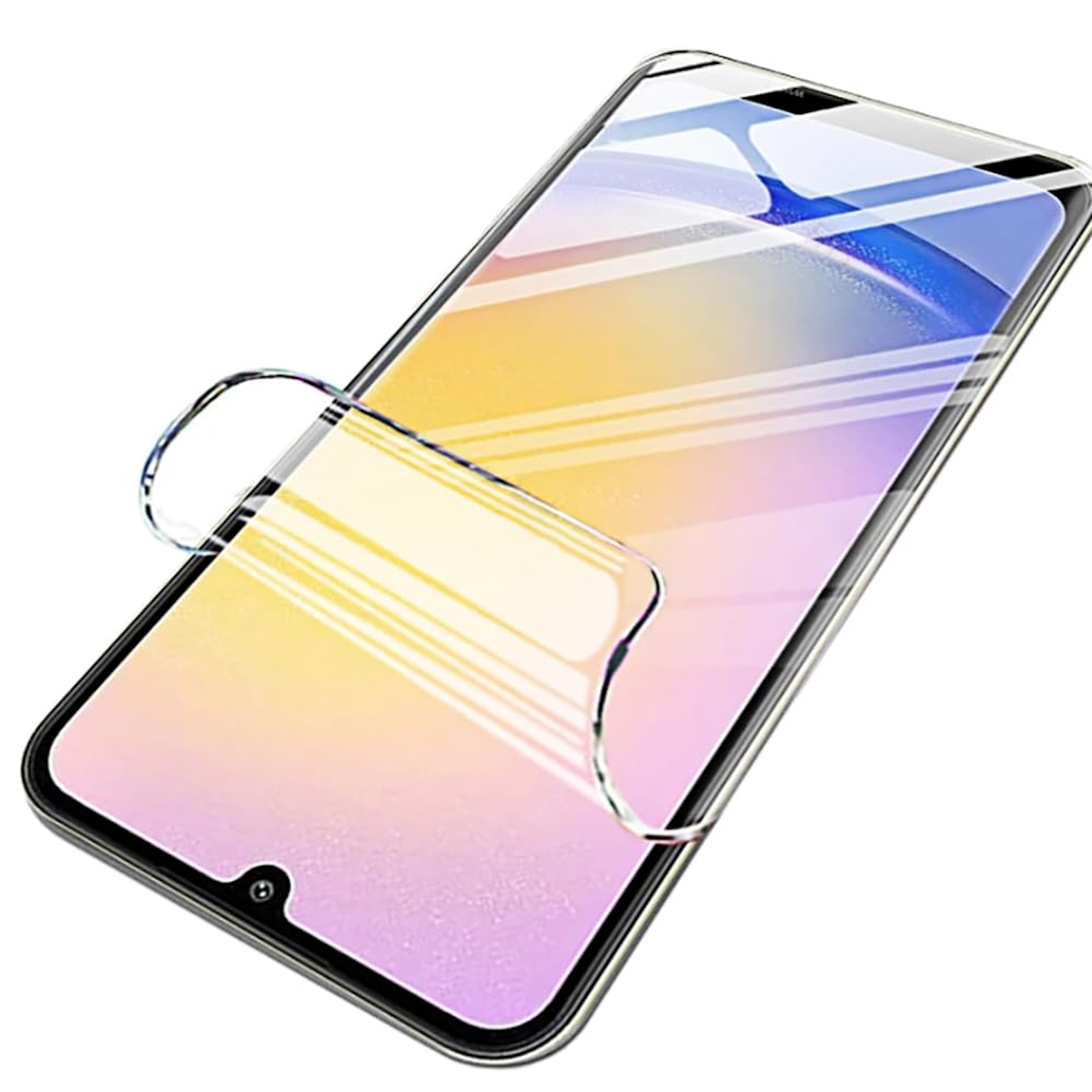 Ein Telefon, auf das eine Displayschutzfolie aufgebracht wird. Der Schutz ist klar.