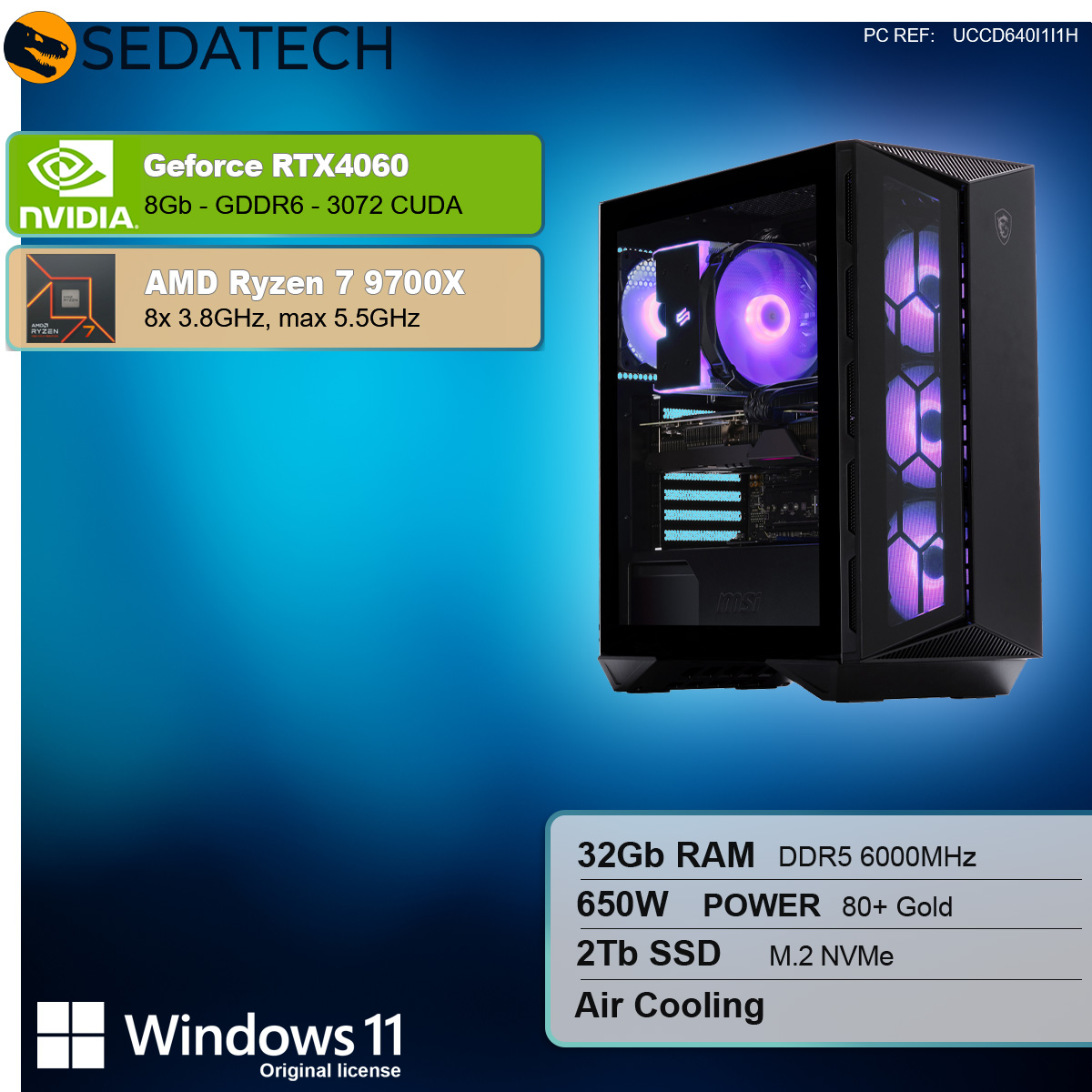 Ein schwarzes Computergehäuse mit internen Komponenten, die von violettem Licht beleuchtet werden. Specs umfassen Nvidia und AMD.