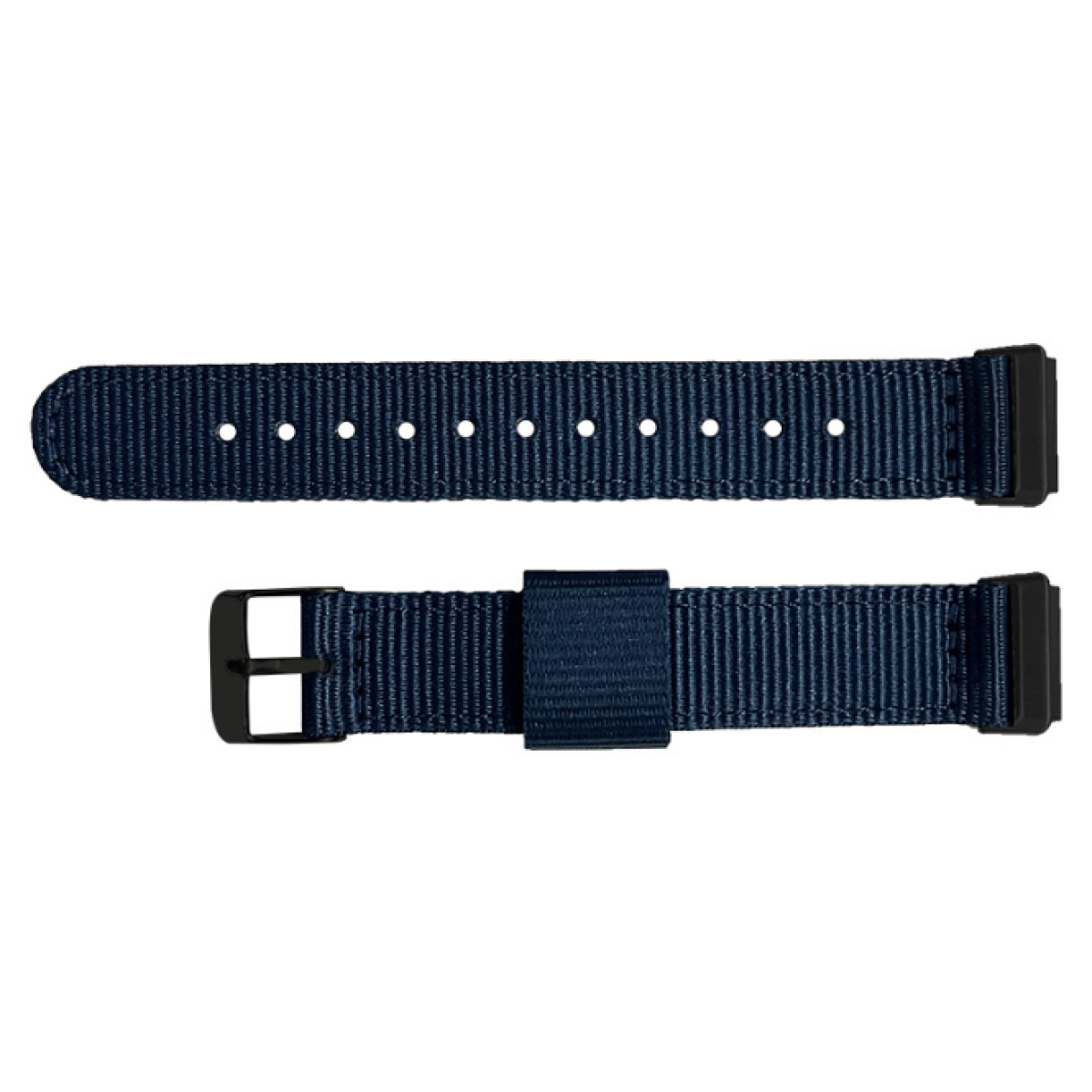 Zwei marineblaue Uhrenarmbänder mit schwarzen Schnallen, die Armbänder sind unterschiedlich lang.