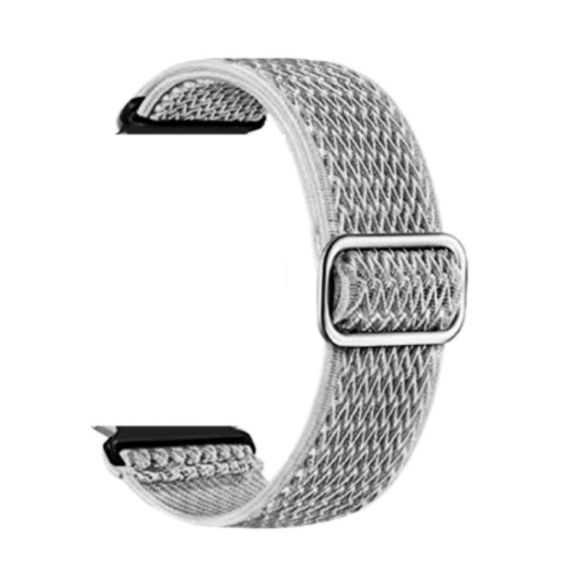 Graues Uhrenarmband mit Metallschnalle. Es ist ein Schlaufentyp mit gewebter Textur.