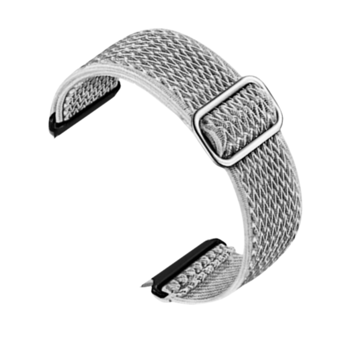 Ein grau-weißes Uhrenarmband mit silberner Schnalle. Das Armband hat eine gewebte Textur.