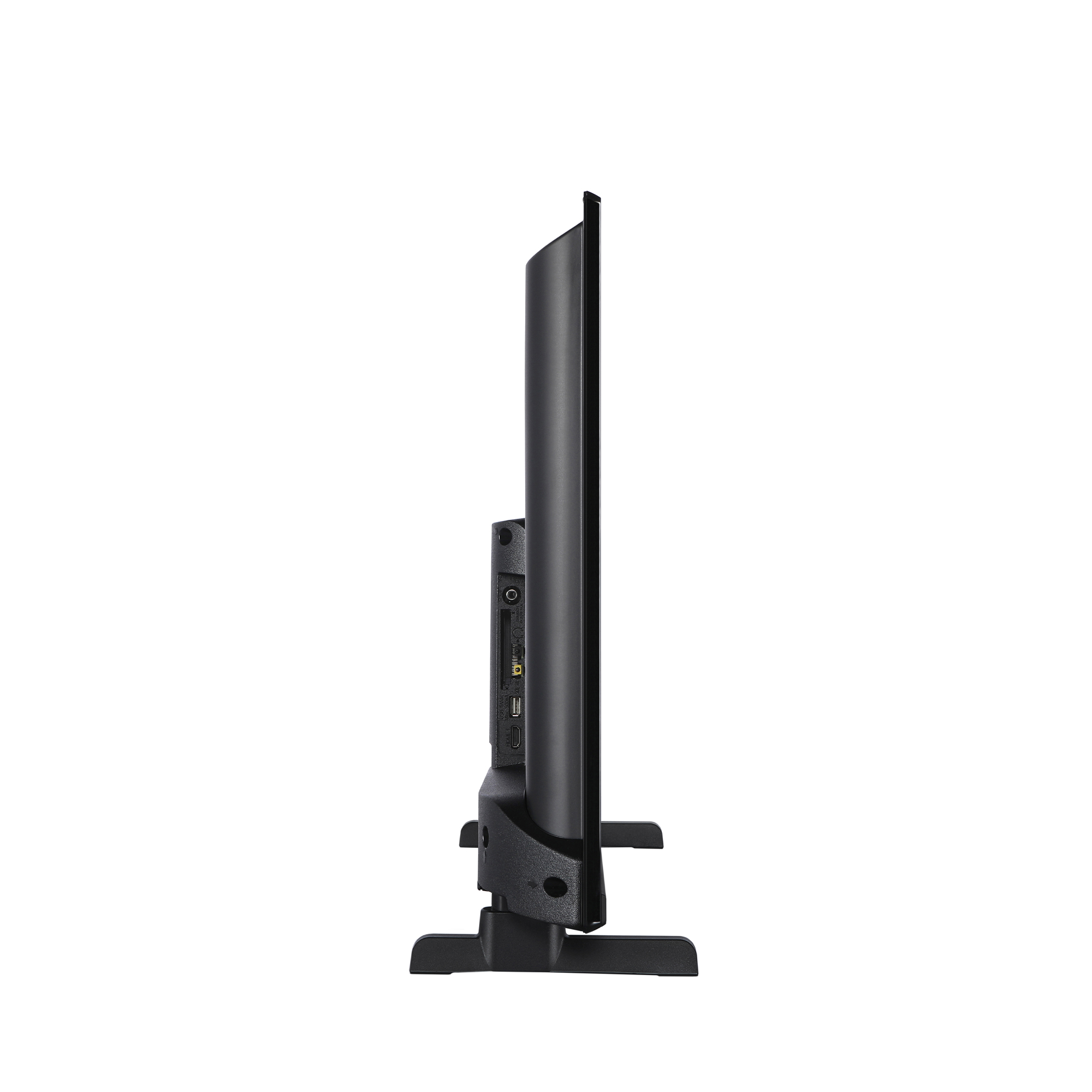 Vista laterale di una TV nera con supporto. È su uno sfondo bianco.