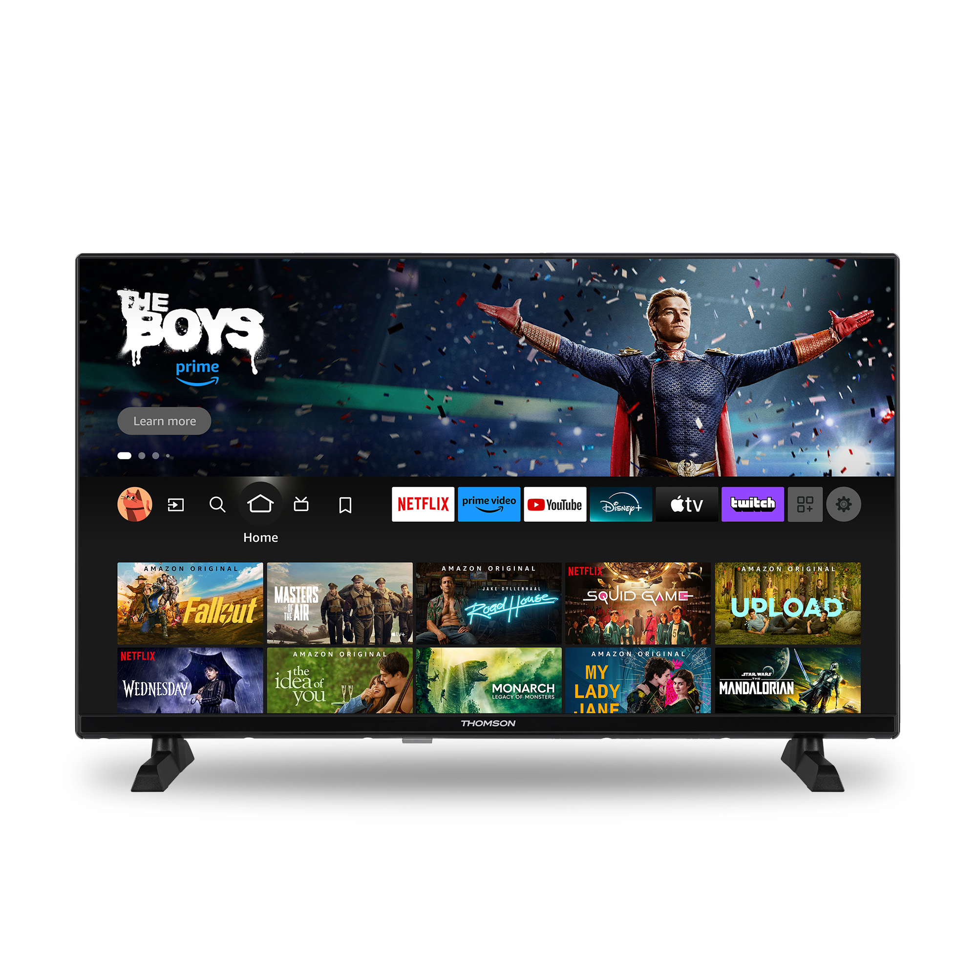 Schermo TV nero che mostra un programma. Mostra varie icone di app e titoli di programmi.
