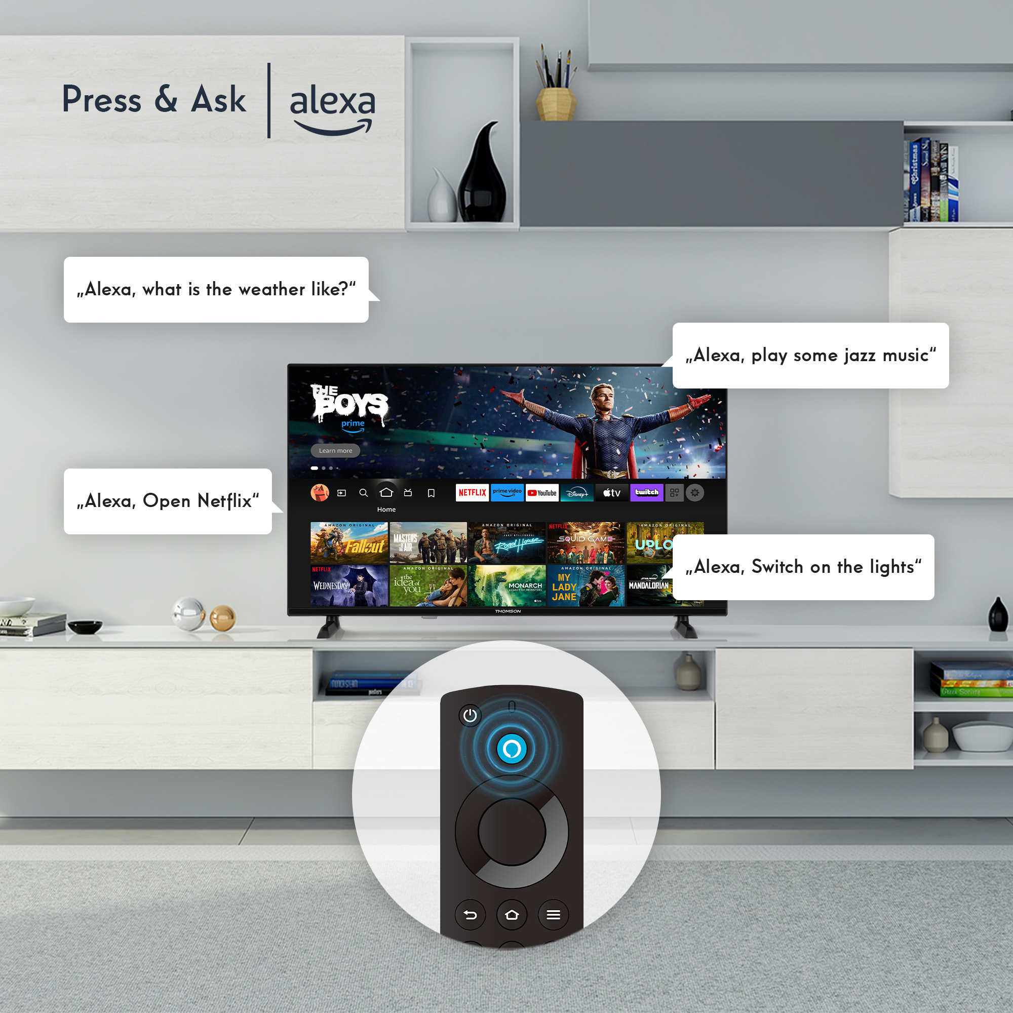Una smart TV con comandi Alexa visualizzati sullo schermo e un telecomando in primo piano.