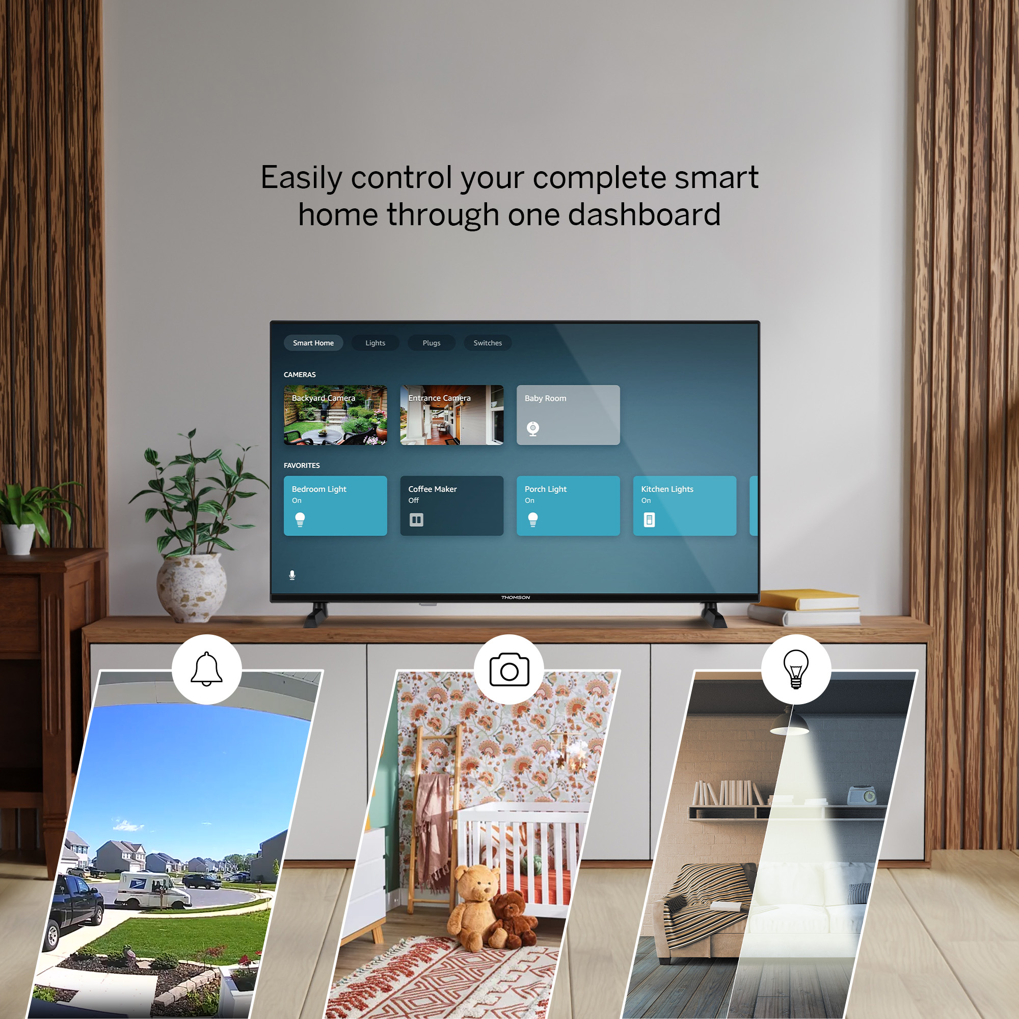 Schermo di controllo della casa intelligente sulla TV. Mostra viste della telecamera e opzioni di controllo. Sfondo: mobili in legno.