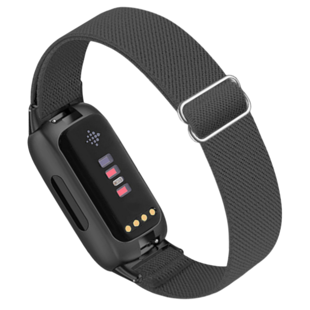 Schwarzer Fitness-Tracker mit schwarzem Armband und silberner Schnalle.