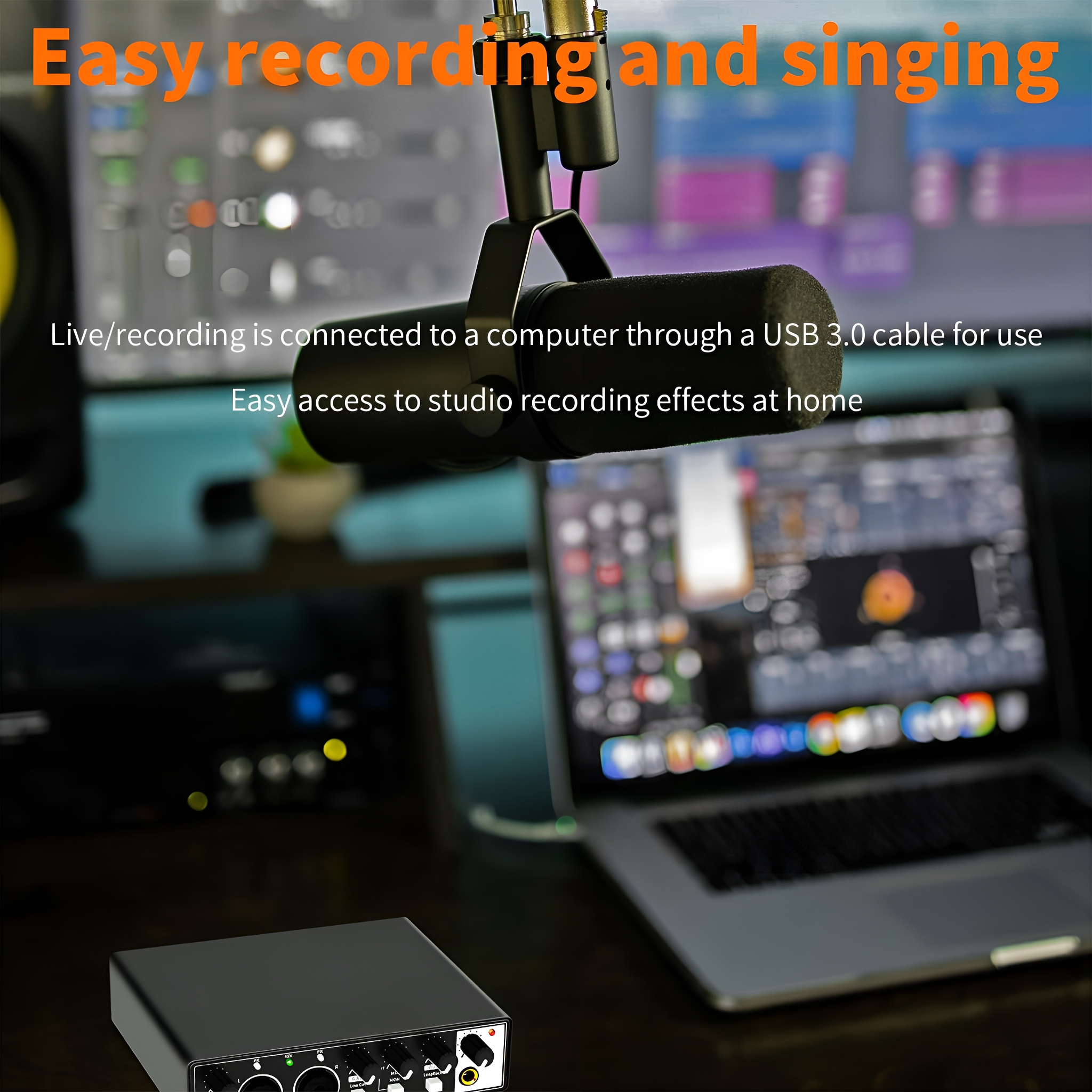 Ein Aufnahme-Setup mit Mikrofon, Audio-Interface und Laptop. Text beschreibt einfaches Aufnehmen und Singen.