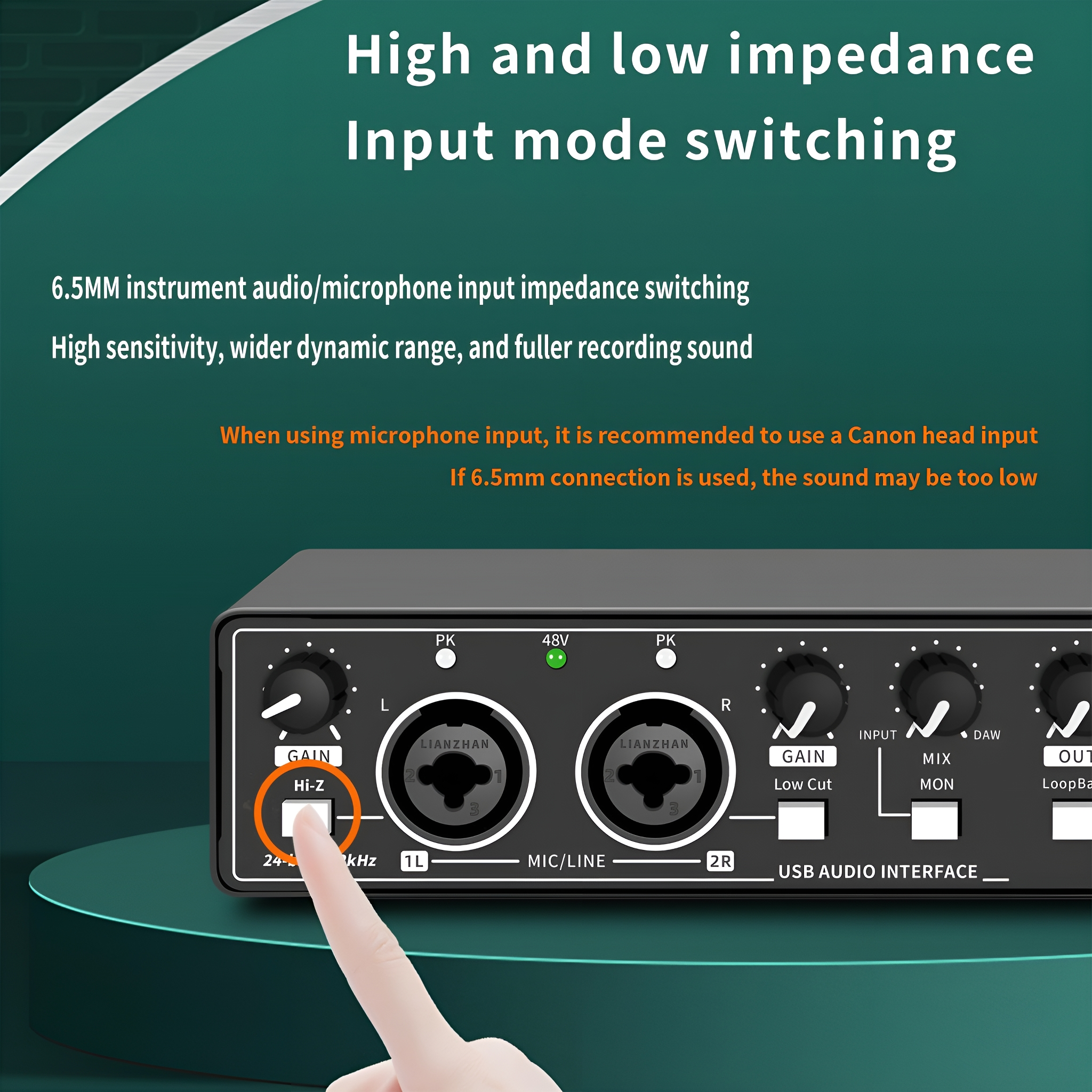 Ein Audio-Interface mit Gain- und Mic/Line-Eingängen. Ein Finger zeigt auf den Gain-Regler.