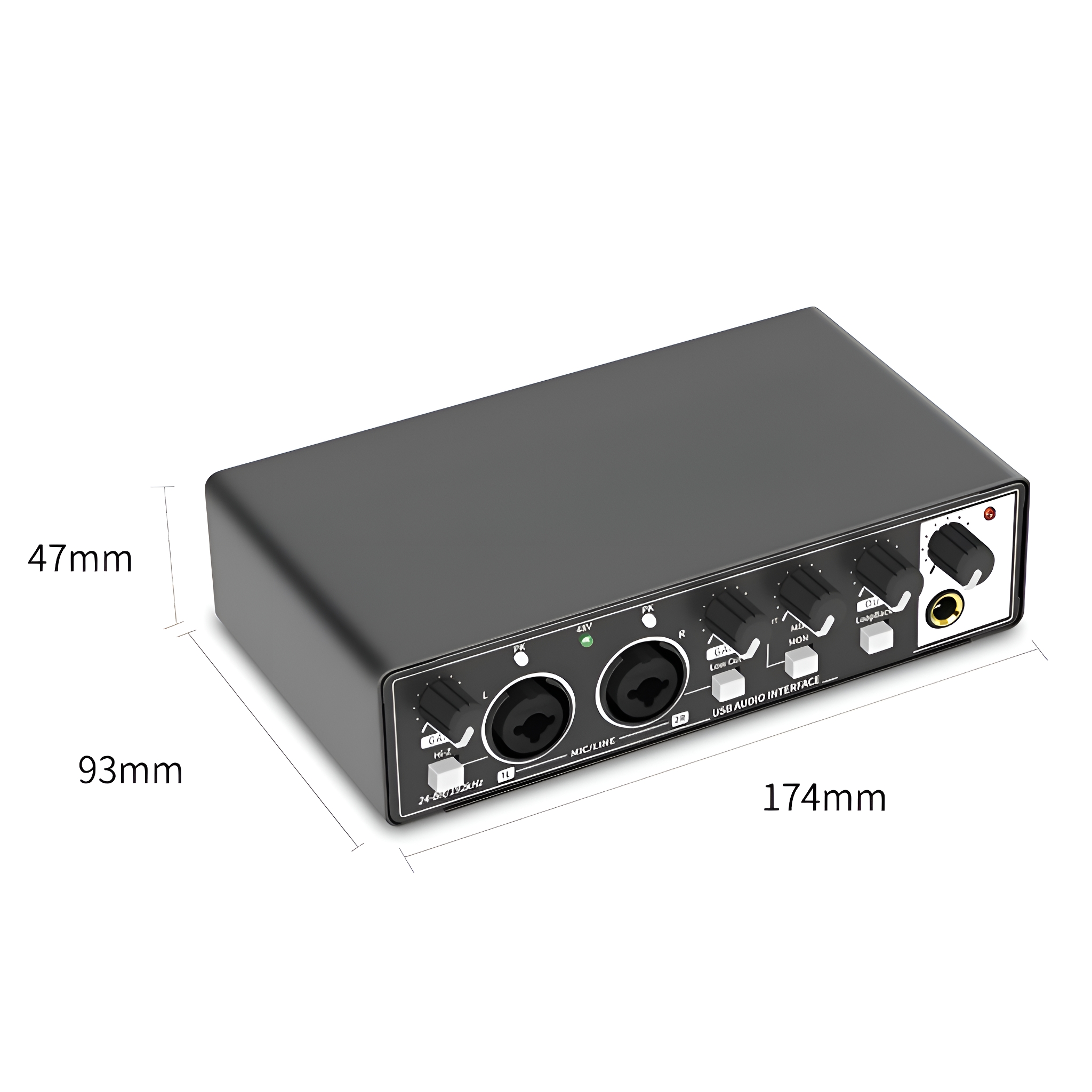 Schwarzes Audio-Interface-Gerät mit Knöpfen und Eingängen. Maße: 174x93x47mm. Beschriftungen in weißem Text.
