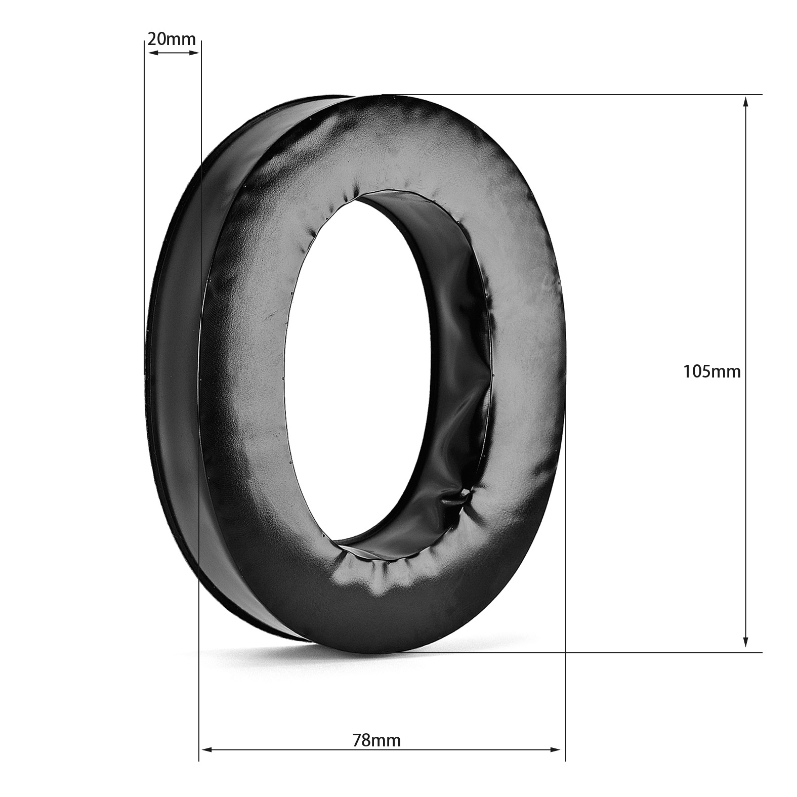 Czarna poduszka do słuchawek, wymiary i pomiary. Białe tło.