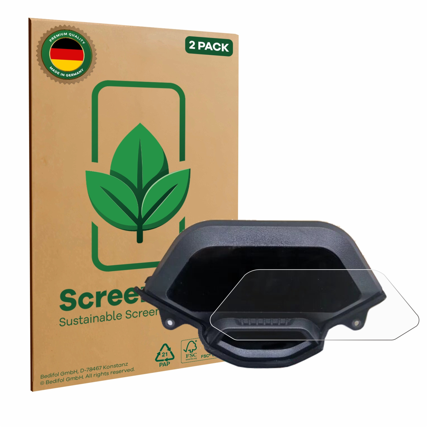 Ein Displayschutz-Kit mit einem schwarzen Armaturenbrett und einem klaren Displayschutz. Eine Pappschachtel ist ebenfalls sichtbar.
