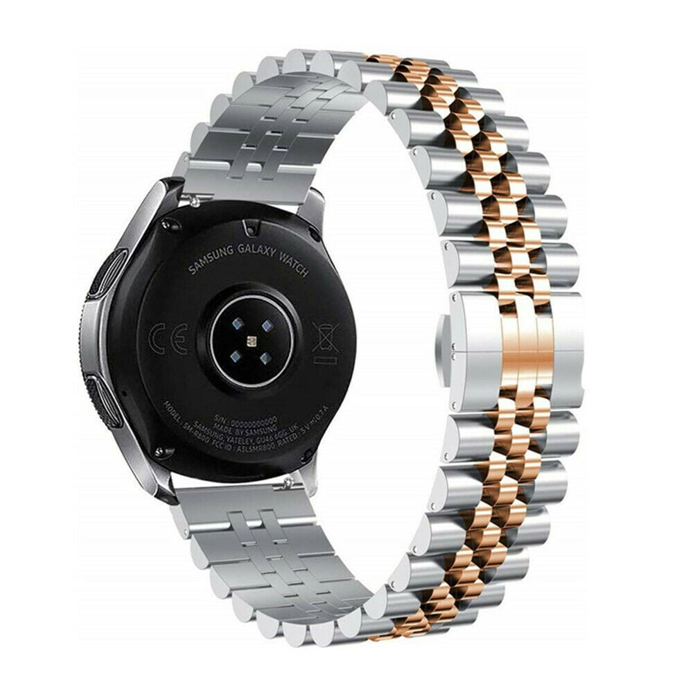 Silberne und roségoldene Uhr mit schwarzer Rückseite. Text 'Samsung Galaxy Watch' steht hinten.
