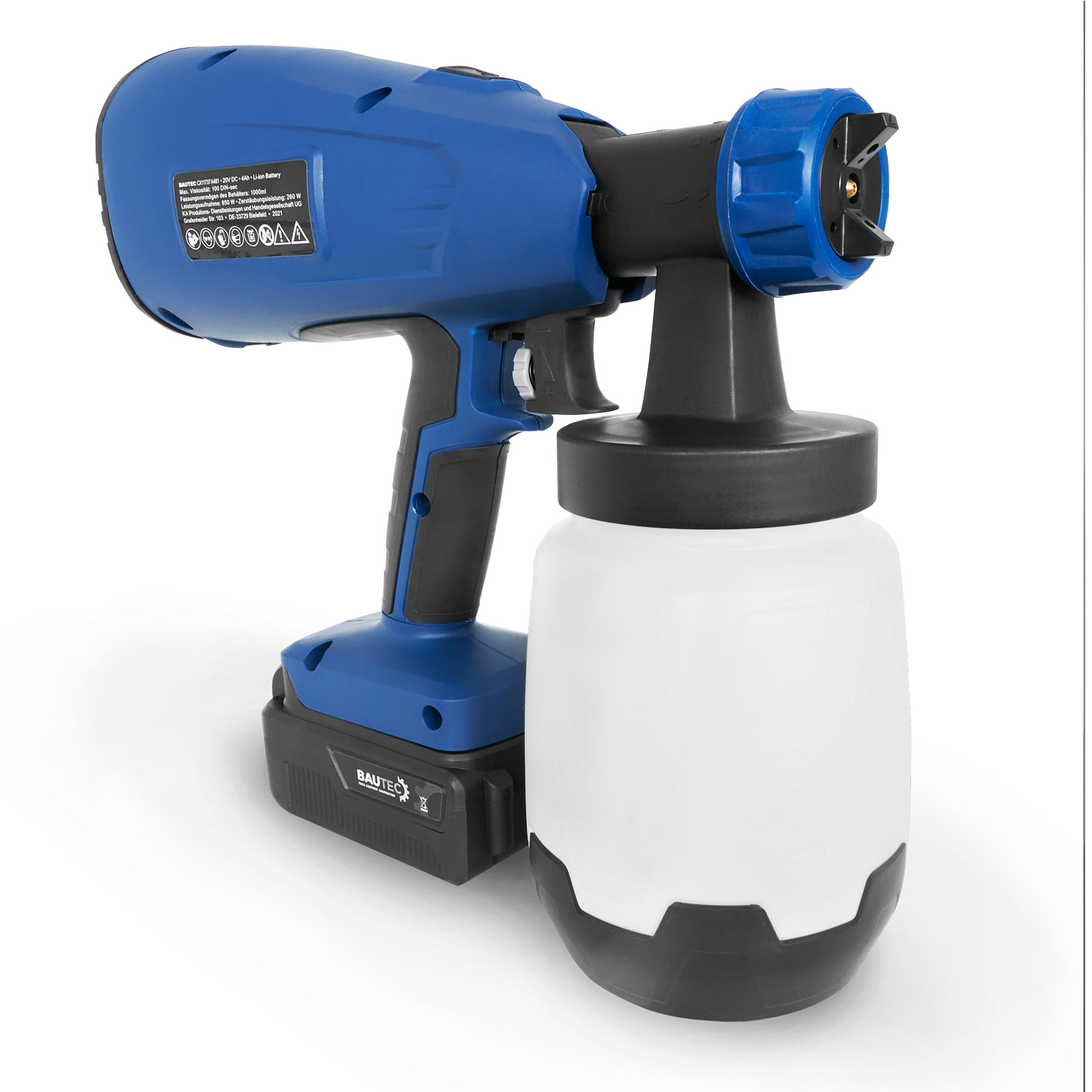 Ein blau-schwarzes kabelloses Farbsprühgerät mit weißem Farbbehälter.