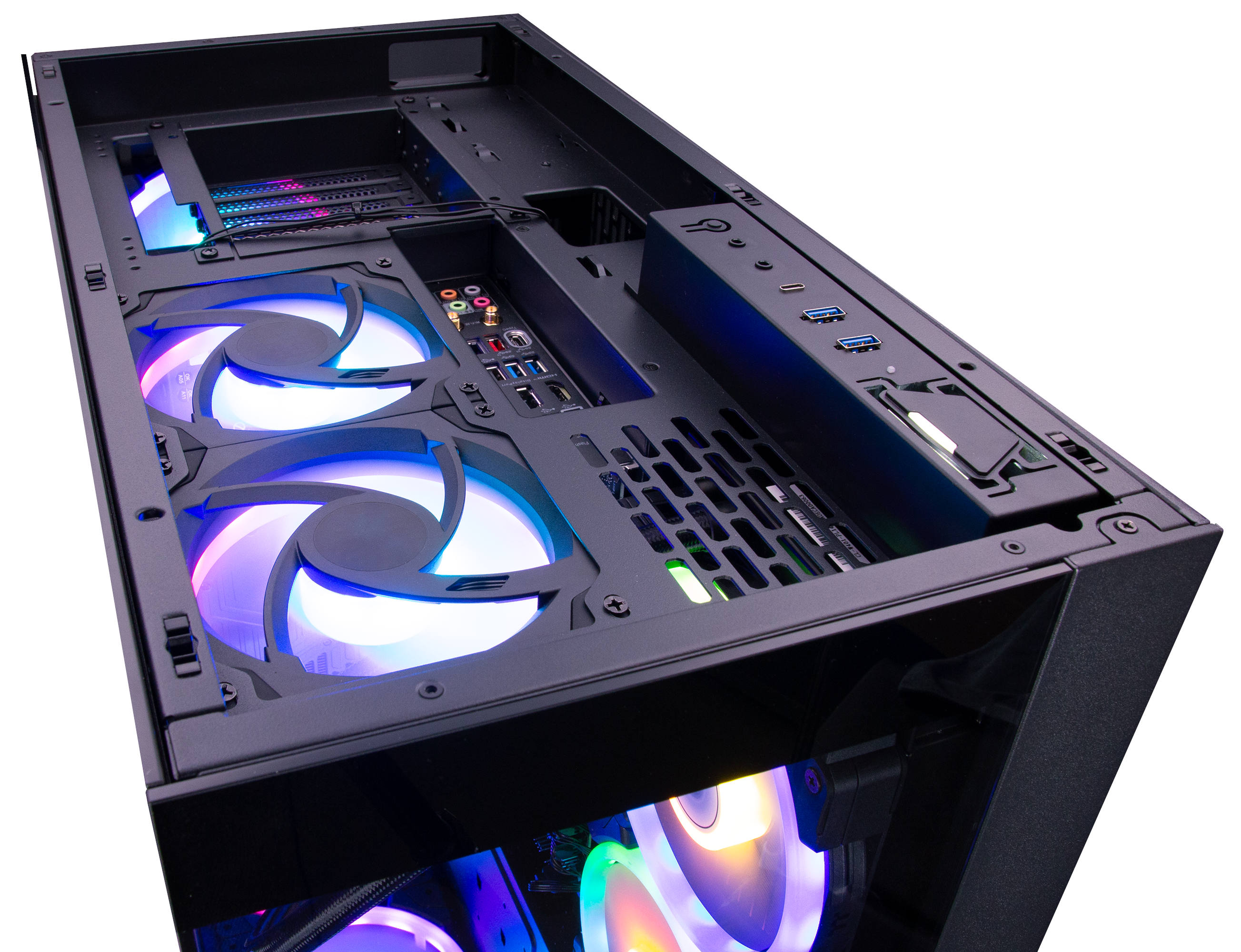 Vista interna di un case per computer nero con ventole e componenti illuminati.