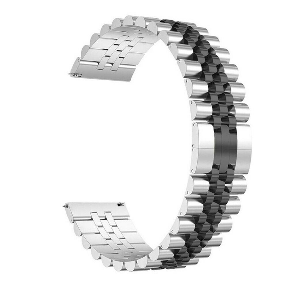 Silbernes und schwarzes Uhrenarmband in C-Form. Metallglieder und dunkler Mittelteil.
