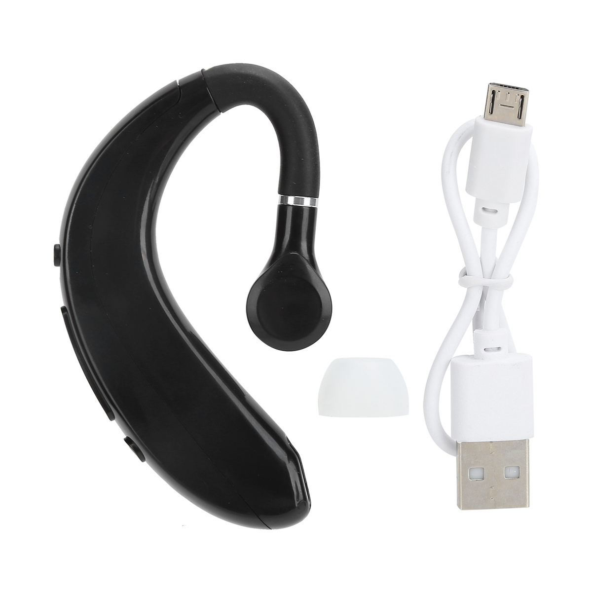 Schwarzes Bluetooth-Headset mit USB-Ladegerät und weißem Ohrstöpsel.