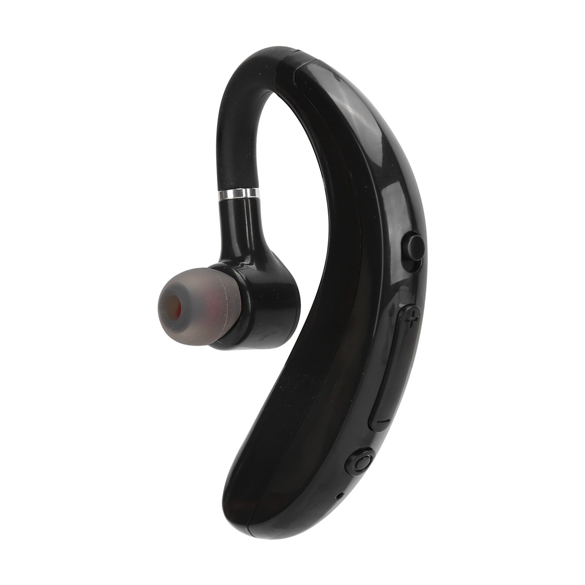 Schwarzes Bluetooth-Headset. Es hat einen Ohrhörer, einen gebogenen Arm und Steuertasten an der Seite.