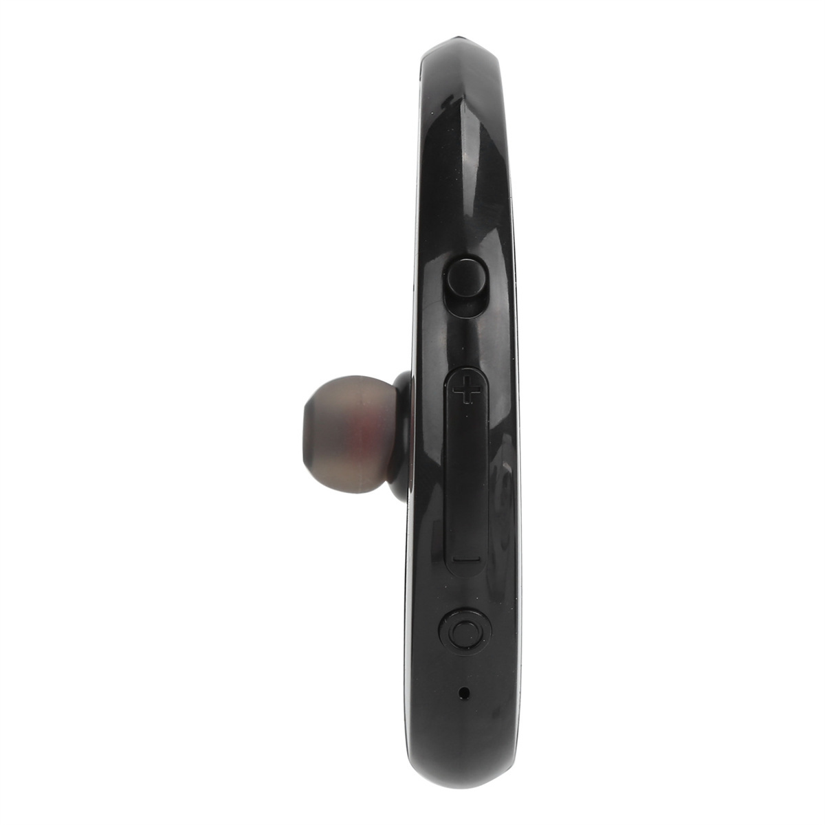 Schwarzes Bluetooth-Headset mit geschwungenem Design und einem einzelnen Ohrhörer.