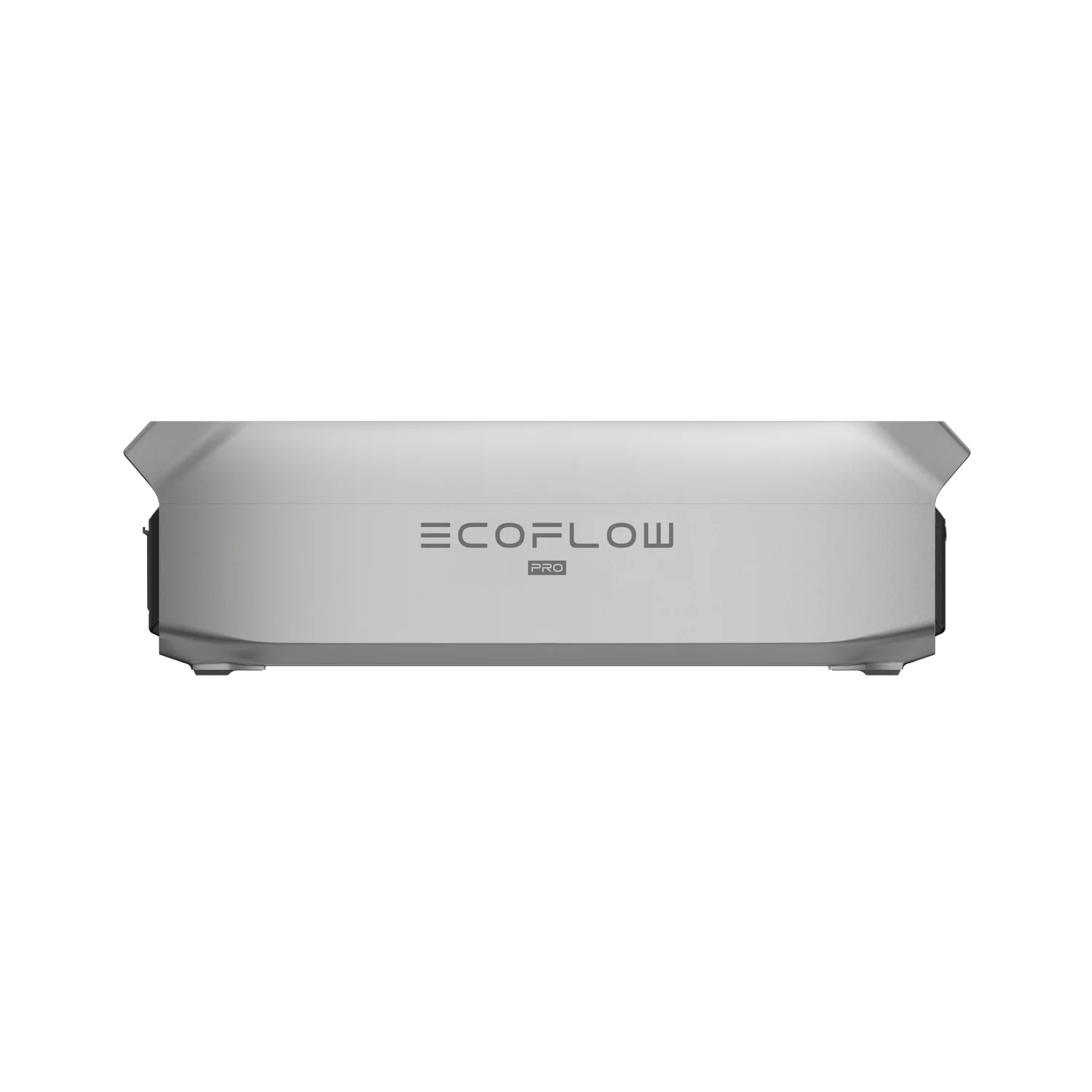 Srebrne urządzenie ECOFLOW PRO. Jest prostokątne z zaokrąglonymi krawędziami, pokazujące nazwę marki na czarnym tle.