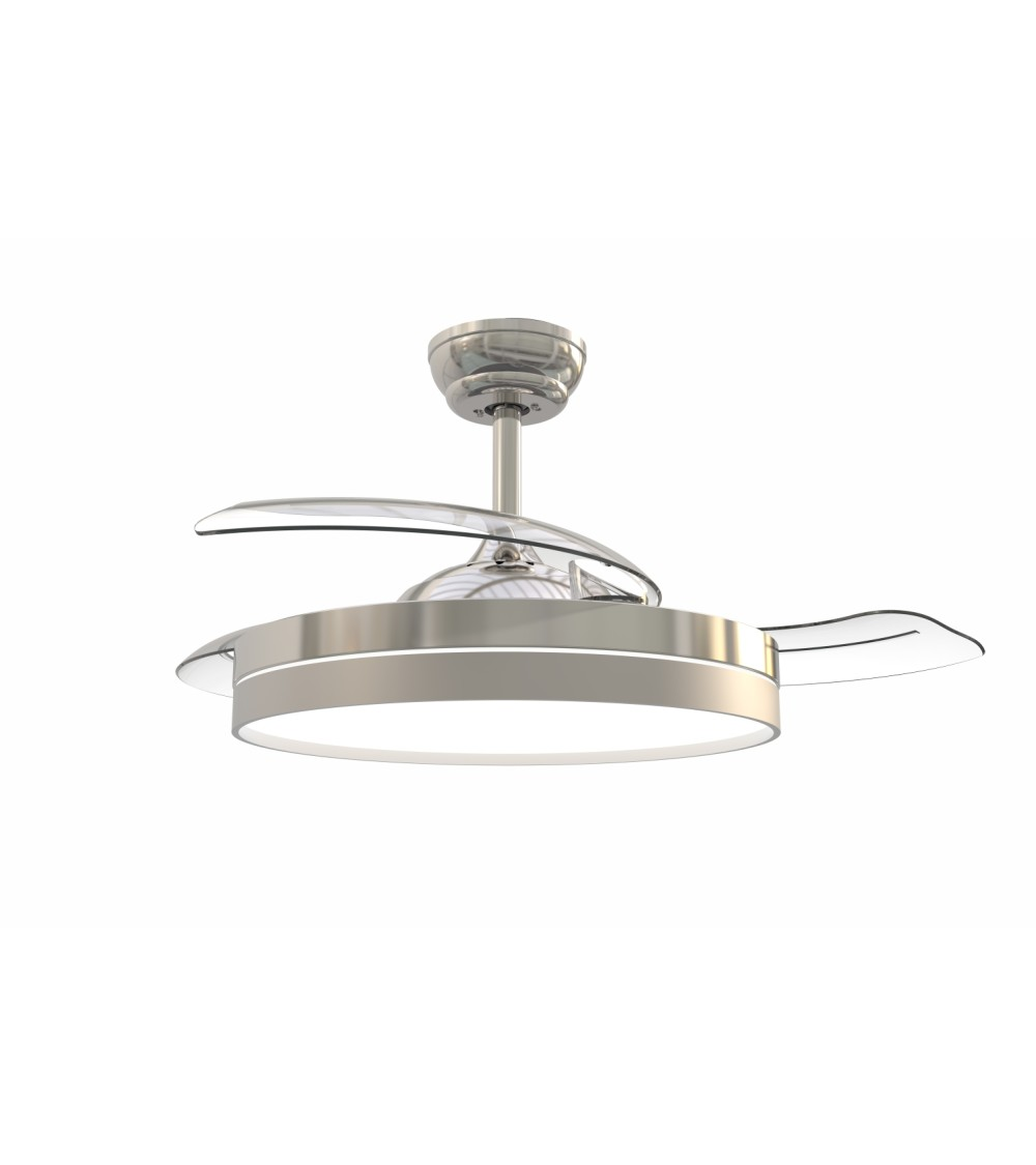 Un ventilador de techo moderno con una luz circular y dos aspas curvas, aislado en blanco.