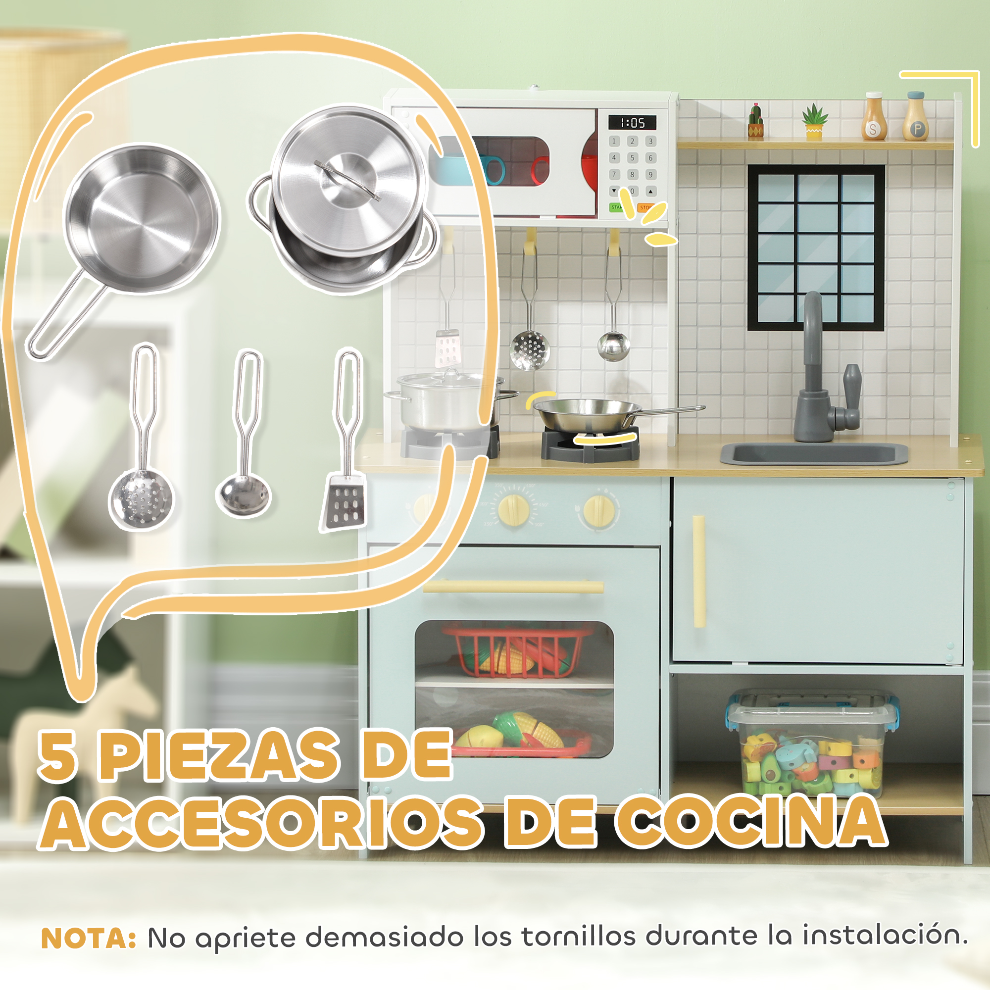 Un juego de cocina de juguete con accesorios, incluyendo ollas, sartenes y utensilios, en un entorno de habitación.