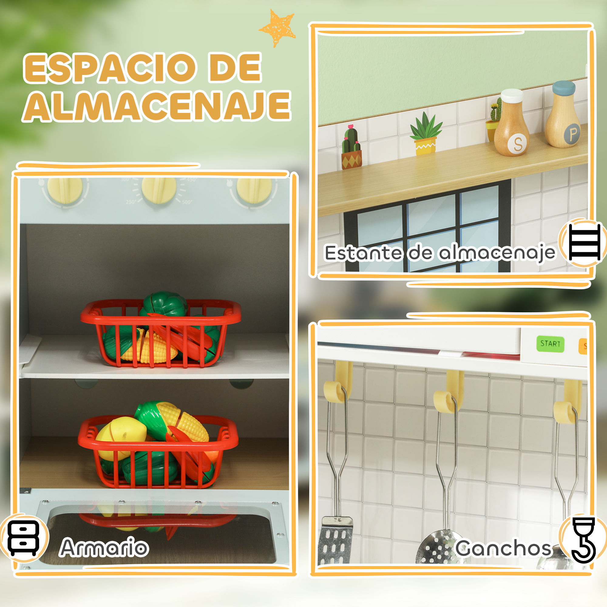 Cocina de juego con espacio de almacenamiento, incluyendo estantes, horno y ganchos.