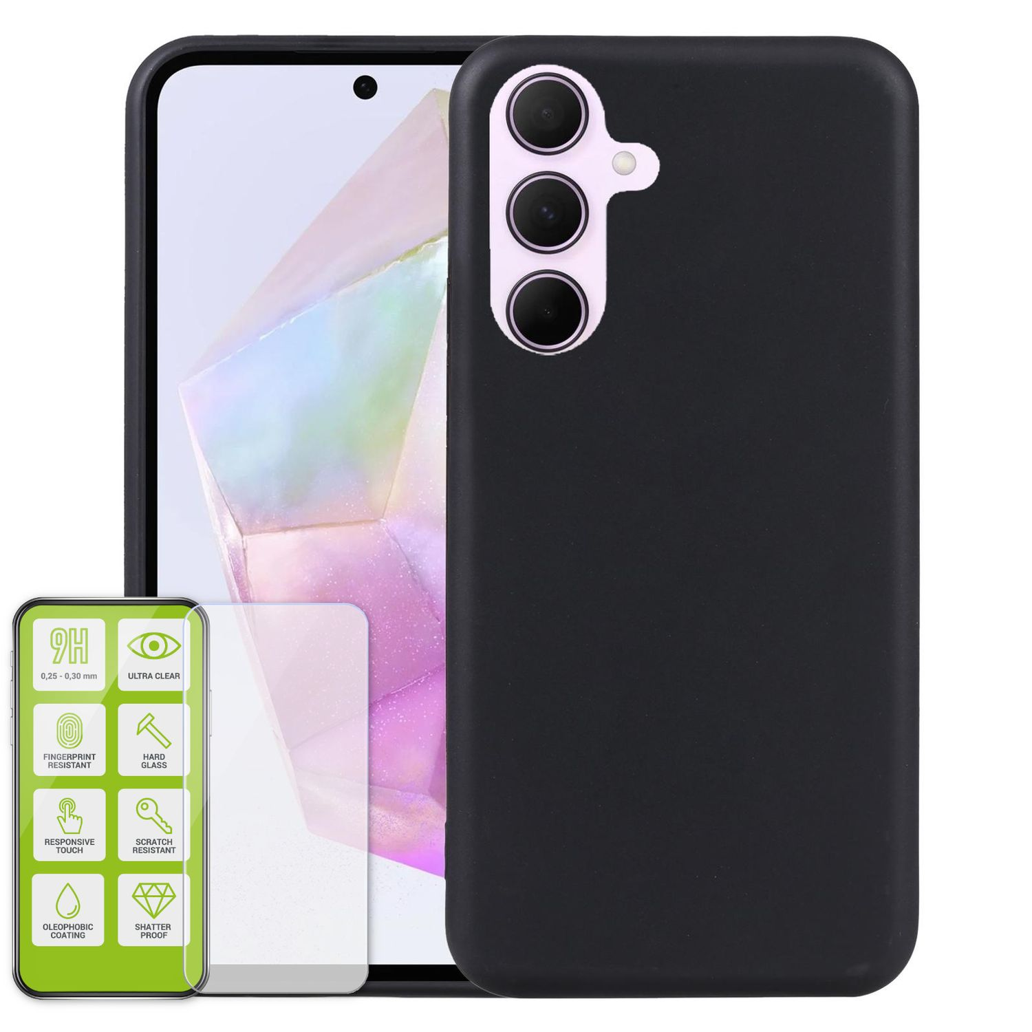 Eine schwarze Handyhülle und Displayschutzfolie, mit Smartphone. Die Hülle hat Kameraausschnitte.