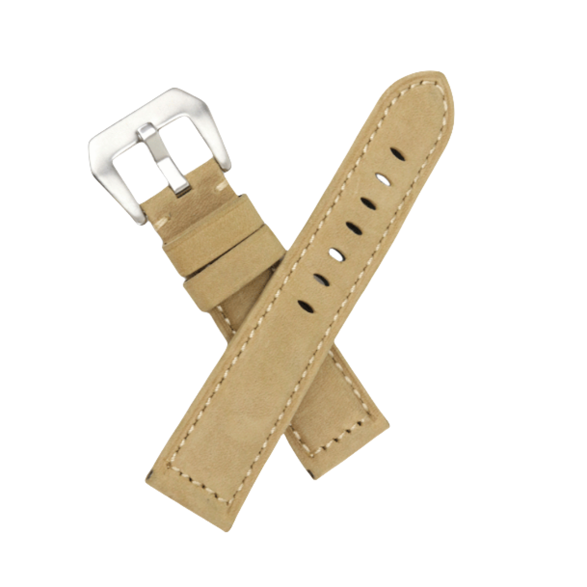Ein hellbraunes Lederarmband mit silberner Schnalle, auf weißem Hintergrund dargestellt.