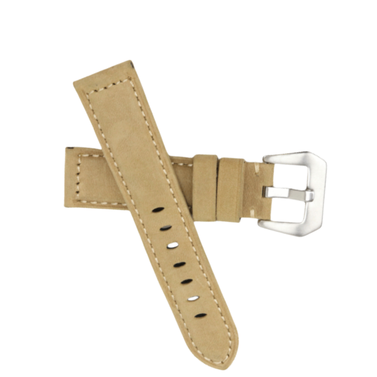 Beiges Leder-Uhrenarmband mit weißen Nähten und silberner Schnalle.