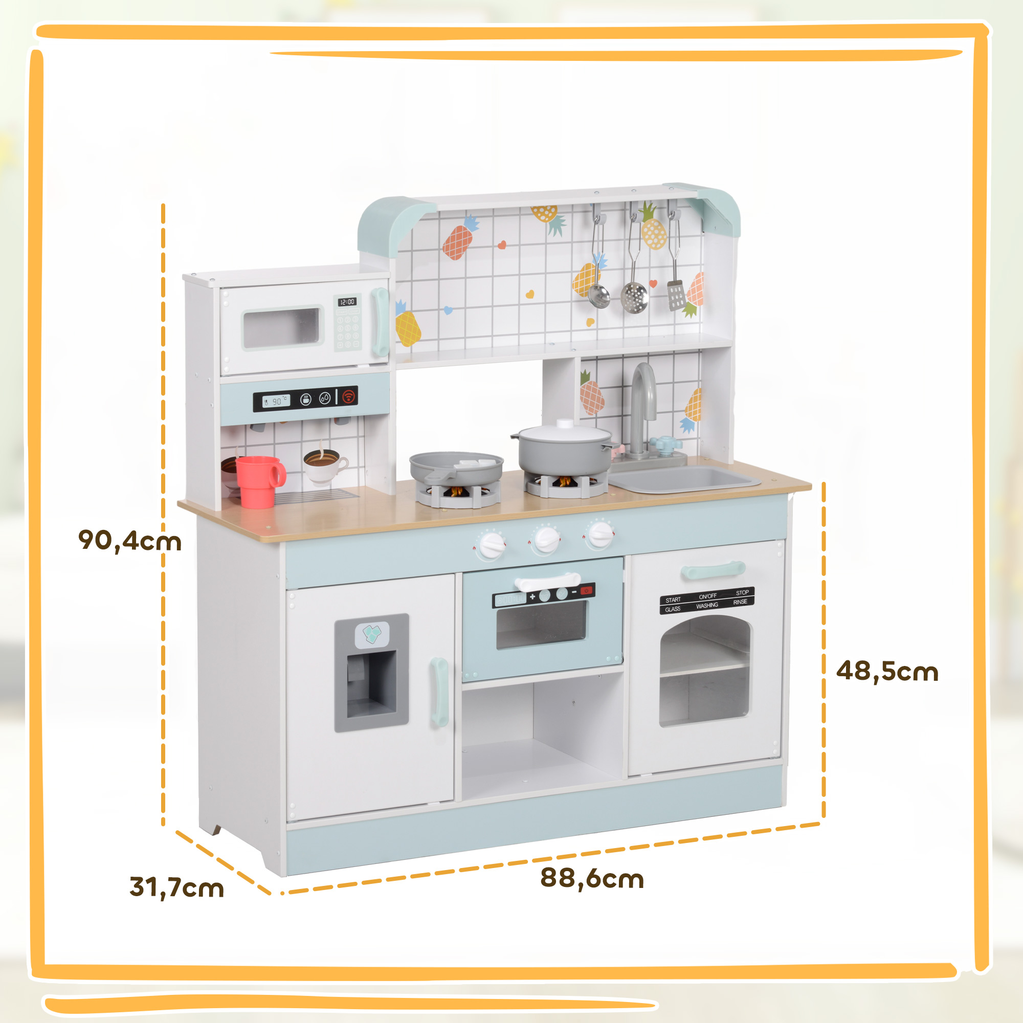 Una cocina de juguete de madera con detalles blancos y azules, dimensiones.