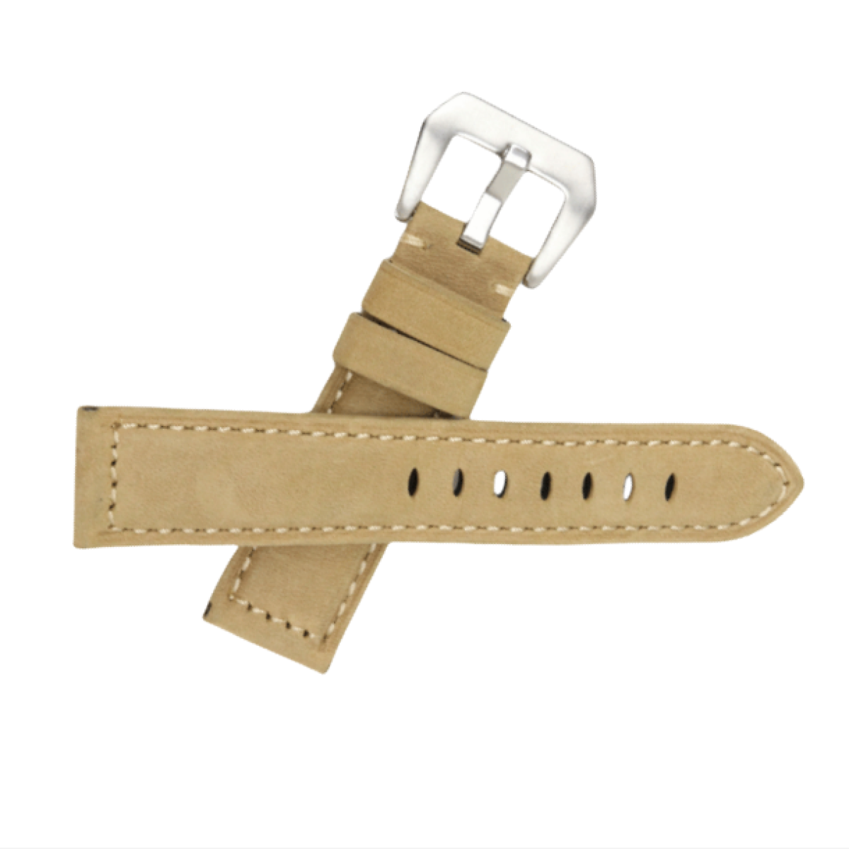 Beiges Uhrenarmband mit Nähten und einer silbernen Schnalle, isoliert auf Weiß.