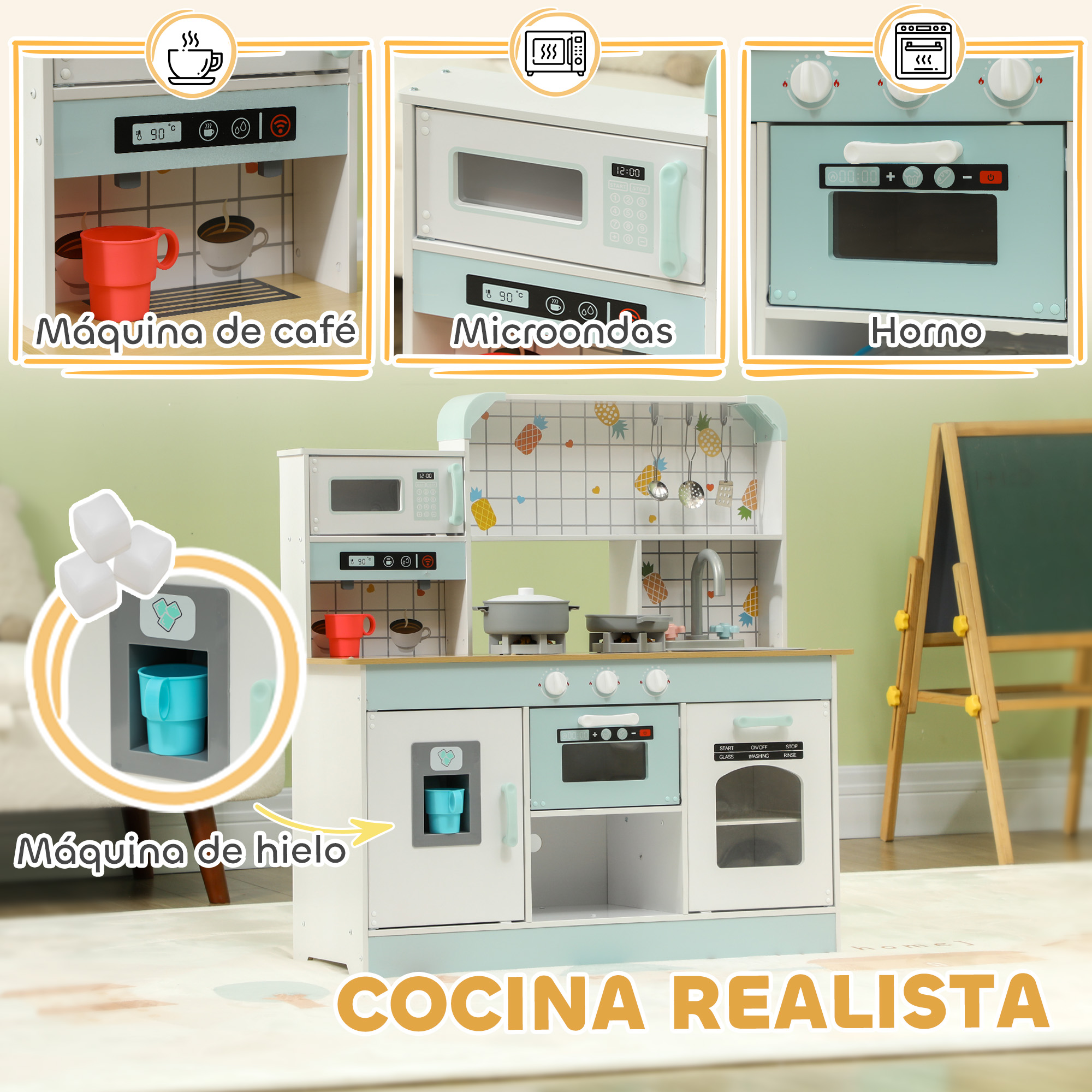 Una cocina de juguete con cafetera, microondas y horno. La cocina es blanca y azul con una pizarra.