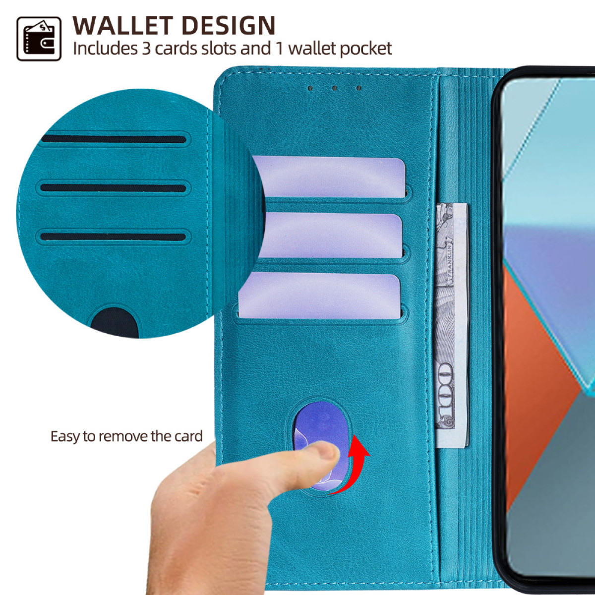 Un portafoglio per telefono turchese con fessure per carte e una tasca con una banconota da cento dollari. Un dito sta rimuovendo una carta.