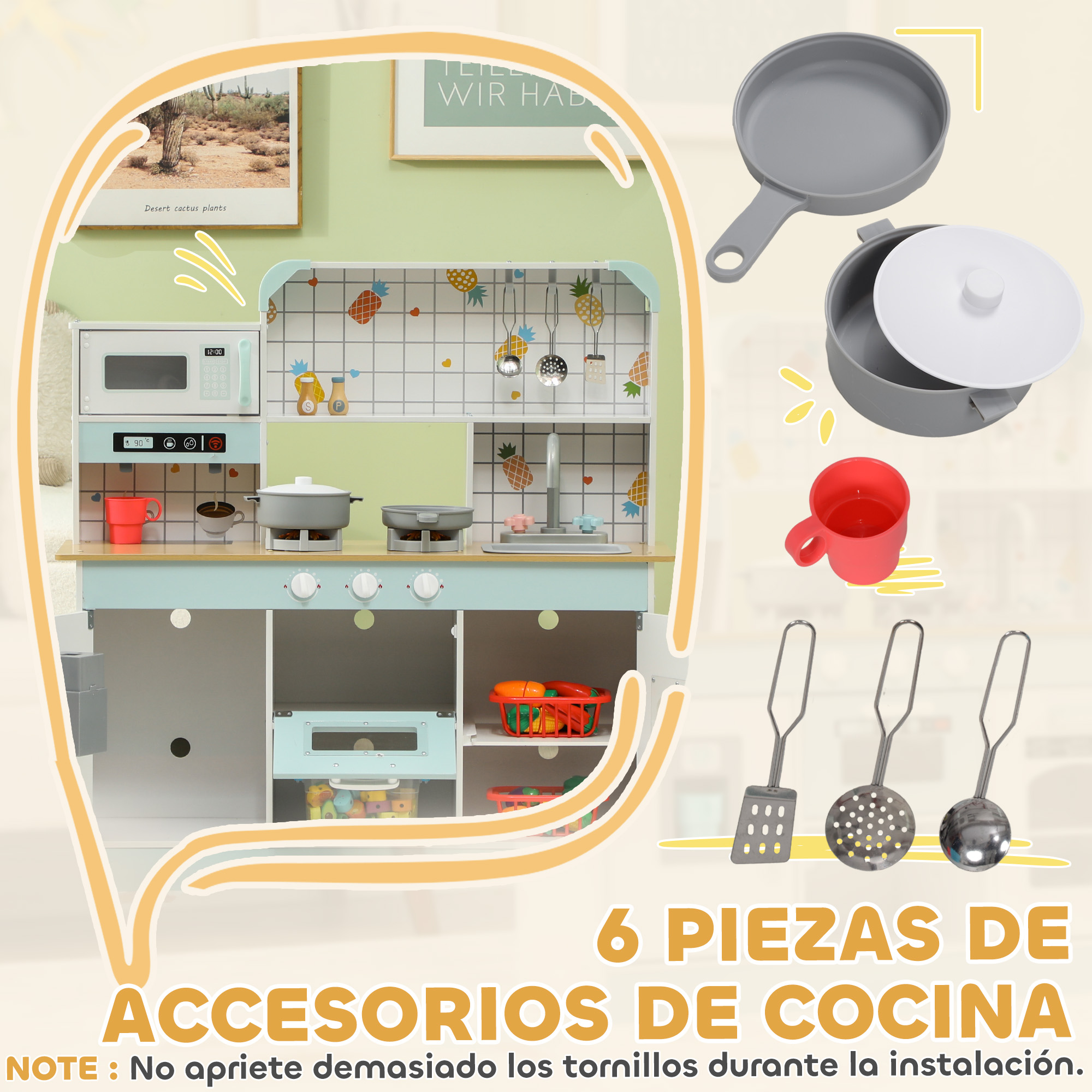 Cocina de juguete de madera con accesorios. Incluye microondas, estufa y utensilios.