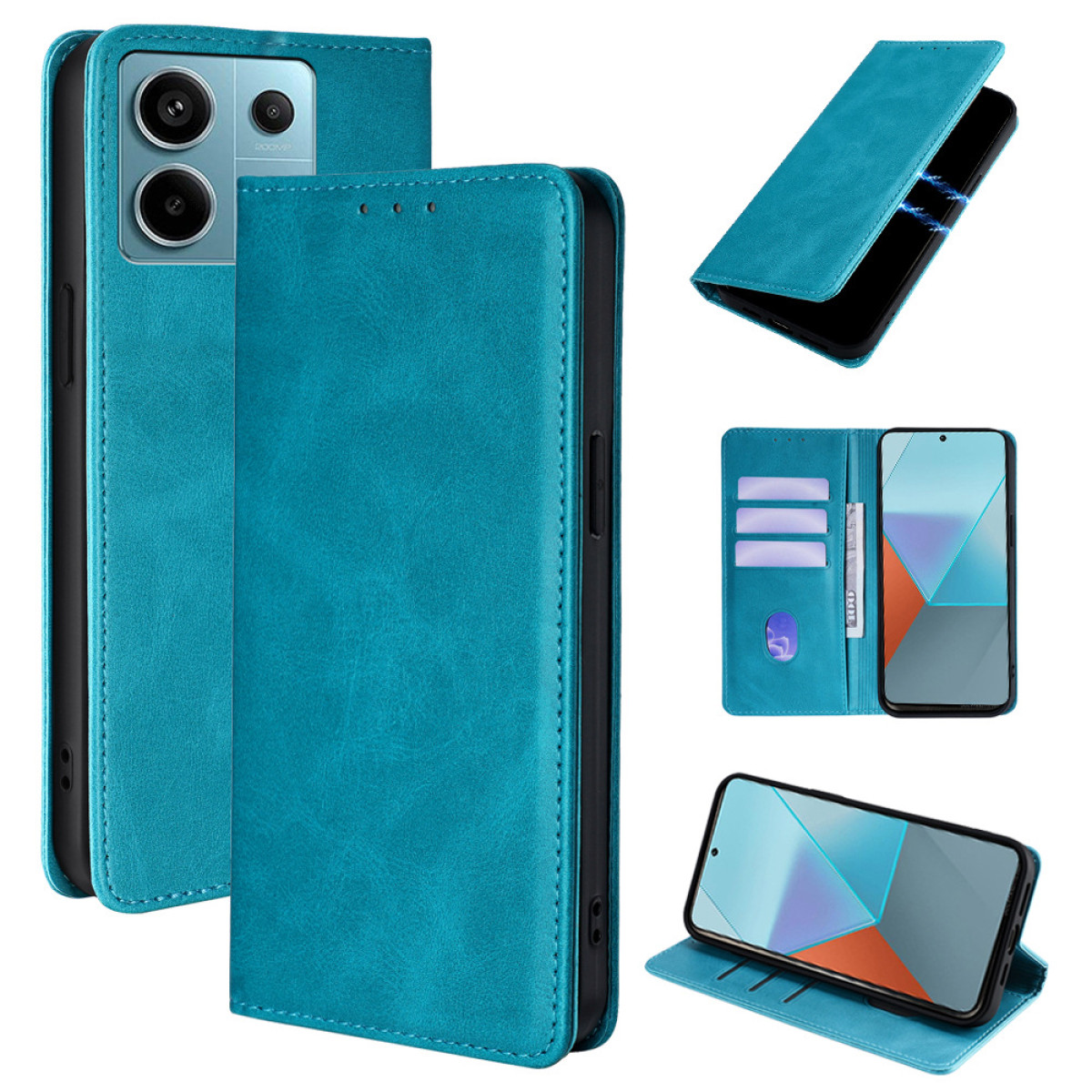 Custodia blu per telefono con telefono, carte e denaro all'interno.